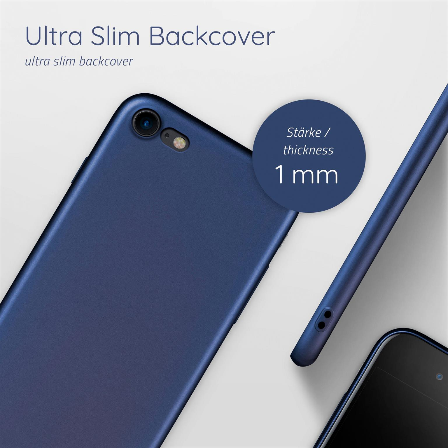 Dunkelblaue Telefon-Rückseite. Text gibt Dicke von 1 mm an. Ein weiteres Telefon ist unten sichtbar.