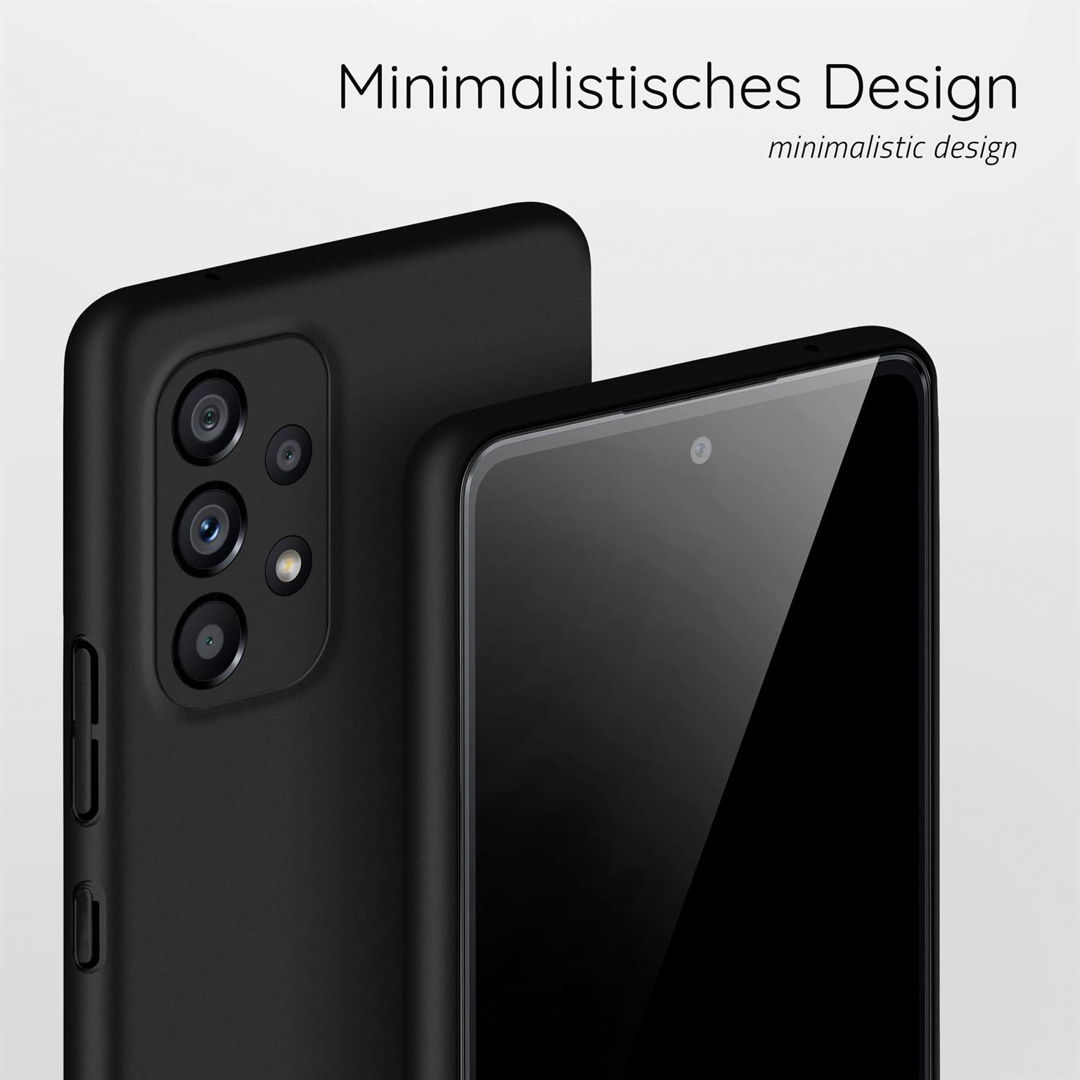 Schwarze Handyhüllen. Eine liegt auf einem Tisch. Die andere steht. Text oben drauf.