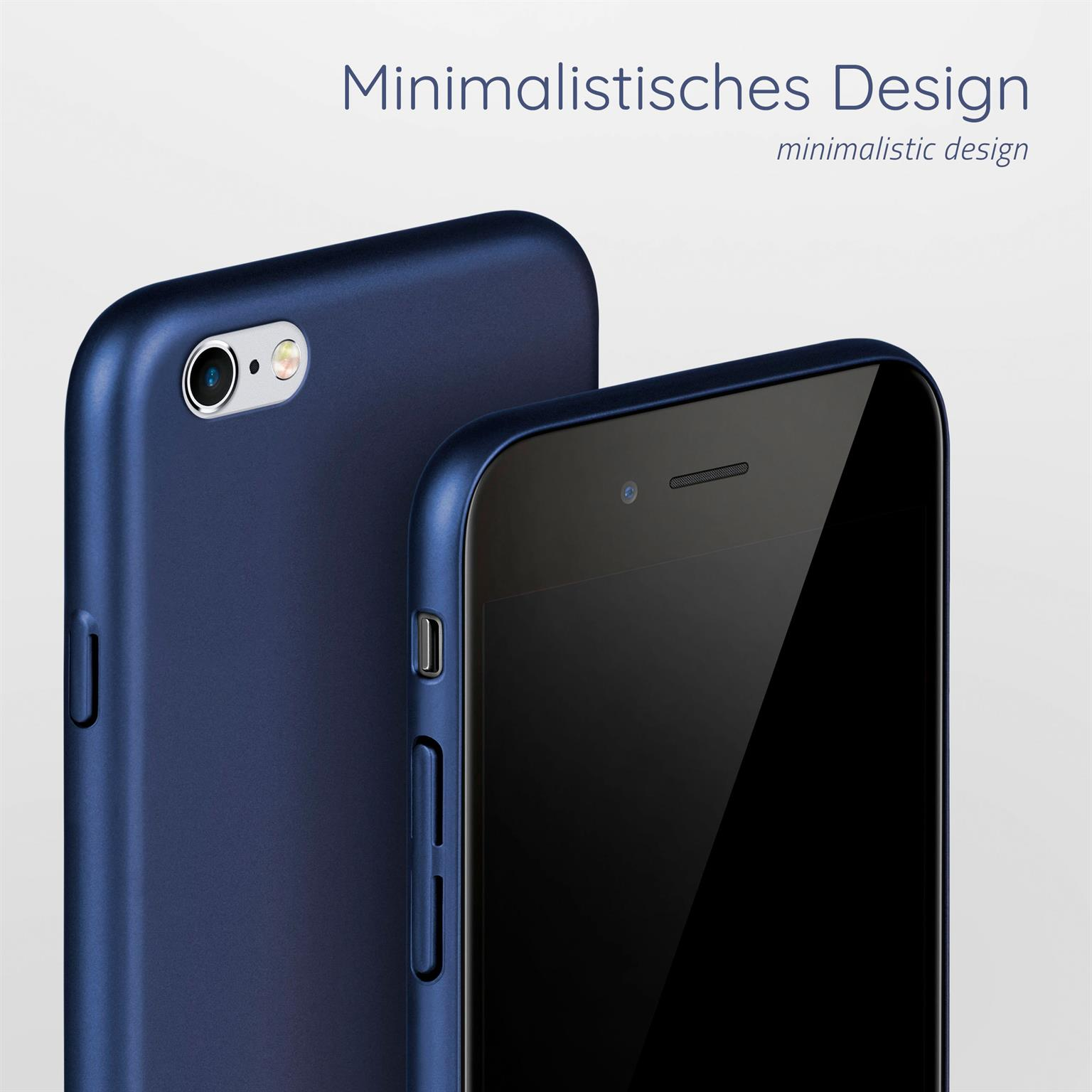 Zwei dunkelblaue Handyhüllen, eine mit Kamera. Die andere zeigt den Bildschirm. Weißer Hintergrund.