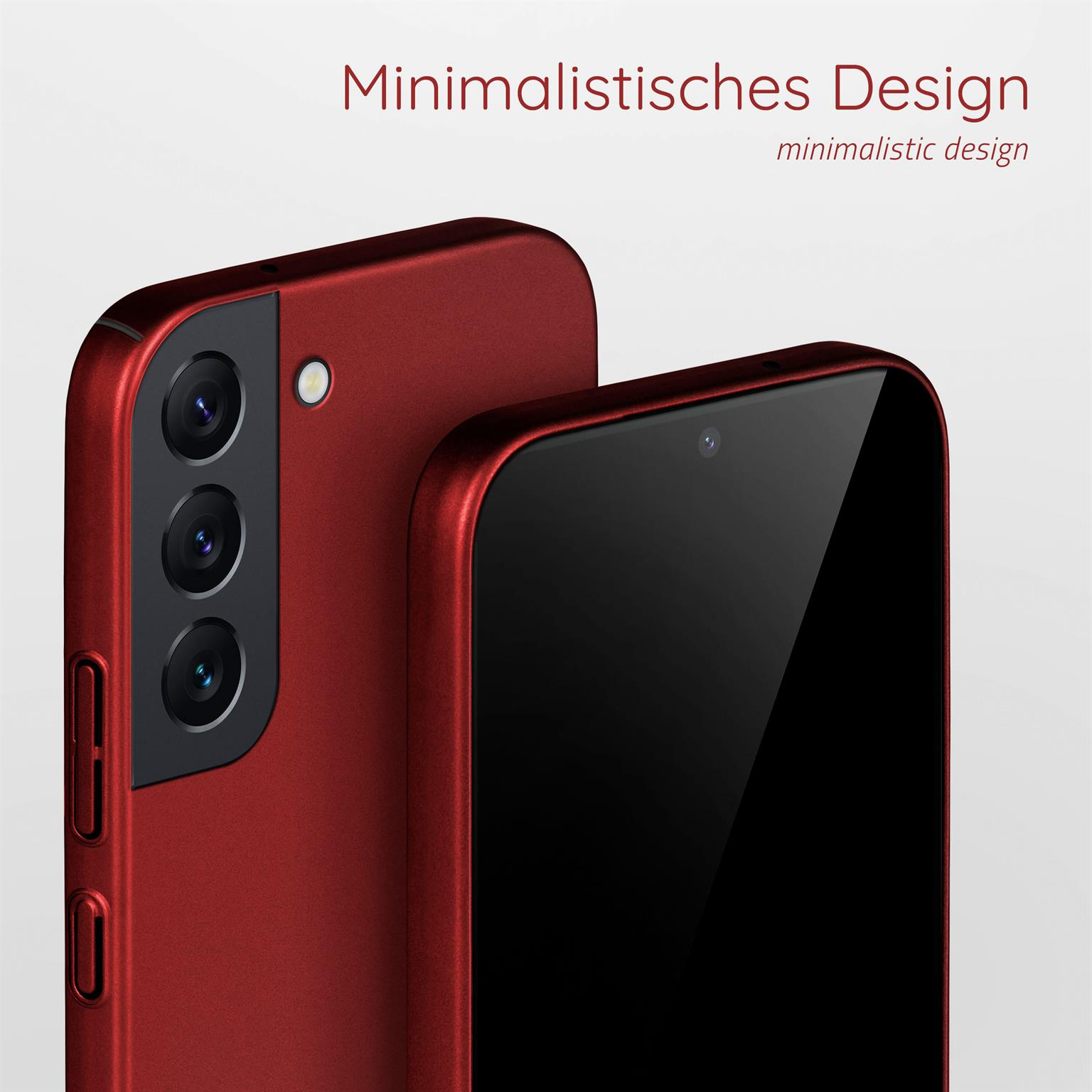 Zwei rote Telefone in roten Hüllen. Eines hat Kameras. Text: minimalistisches Design.