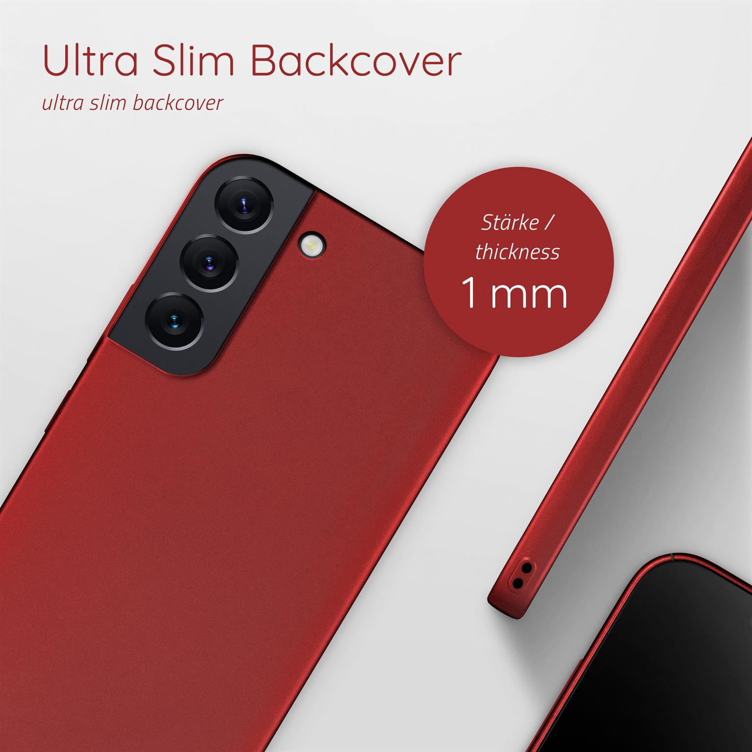 Rote Handyhülle mit einem Telefon. 1 mm dick. Weißer Hintergrund.