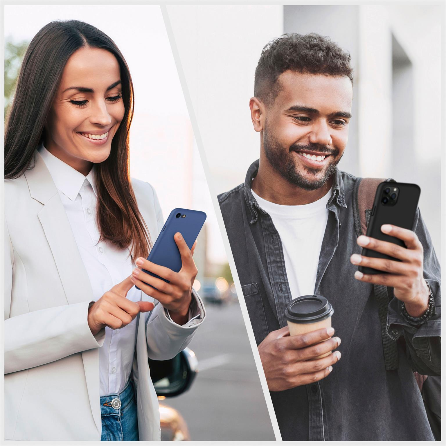 Ein Mann und eine Frau lächeln, beide benutzen Smartphones. Sie sind im Freien.