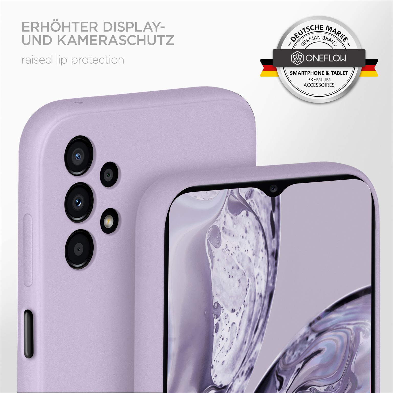 Eine lila Handyhülle mit einem Telefon darin. Die Hülle hat einen erhöhten Lippenschutz. Ein deutsches Markenlogo.