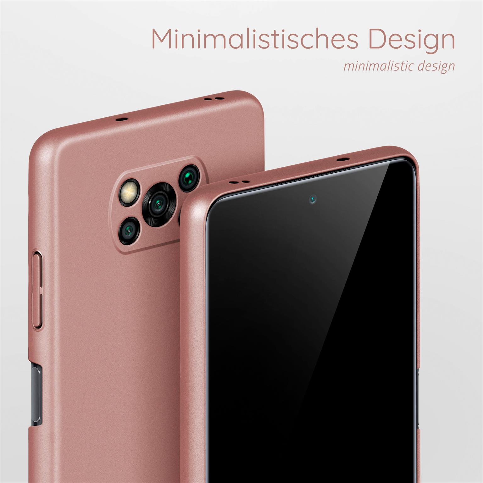 Zwei Handyhüllen. Minimalistisches Design. Roségoldene Farbe. Eine bedeckt die Rückseite, die andere den Bildschirm.