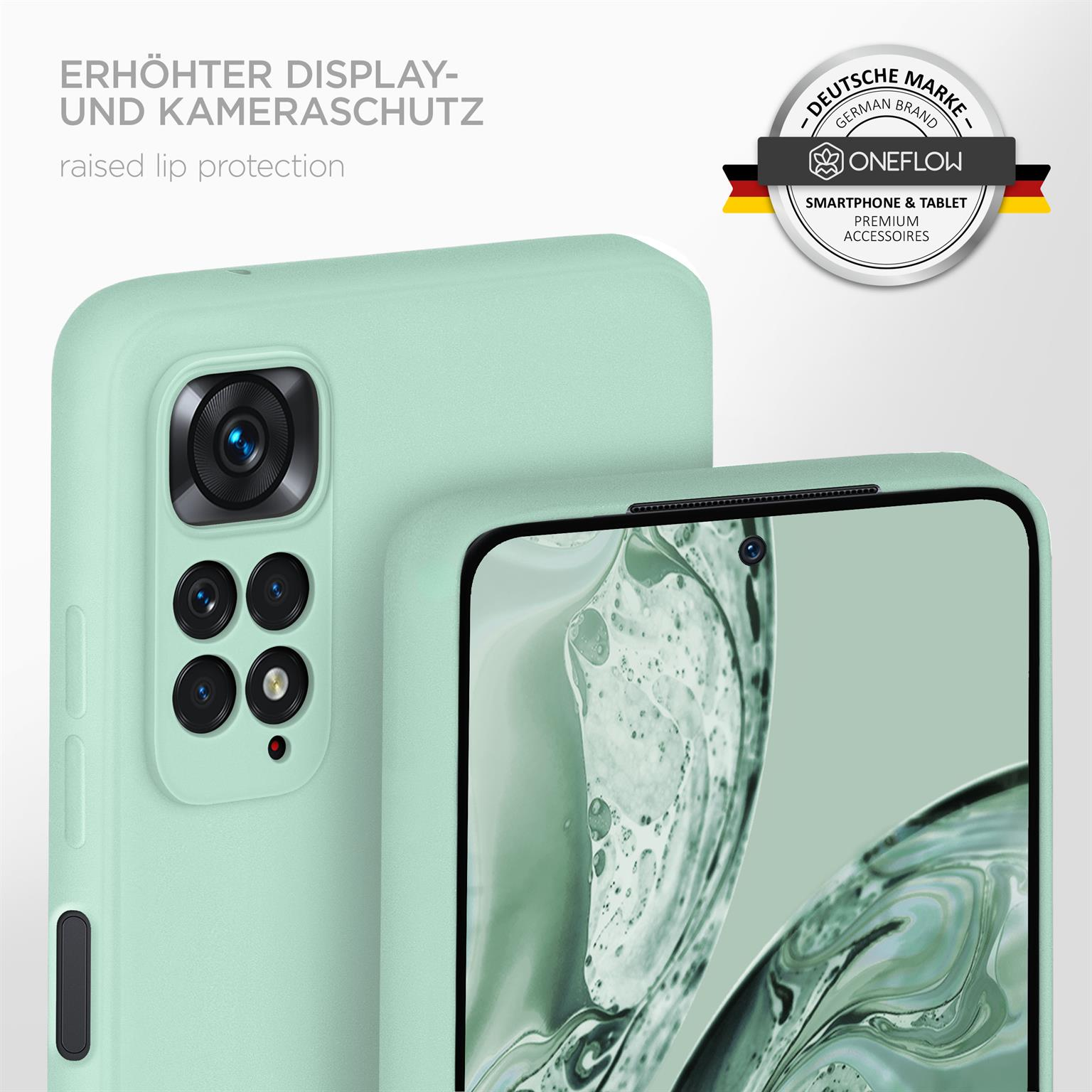 Eine tealfarbene Handyhülle um ein Telefon. Text: erhöhter Display- und Kameraschutz. Oneflow und deutsche Markenlogos.