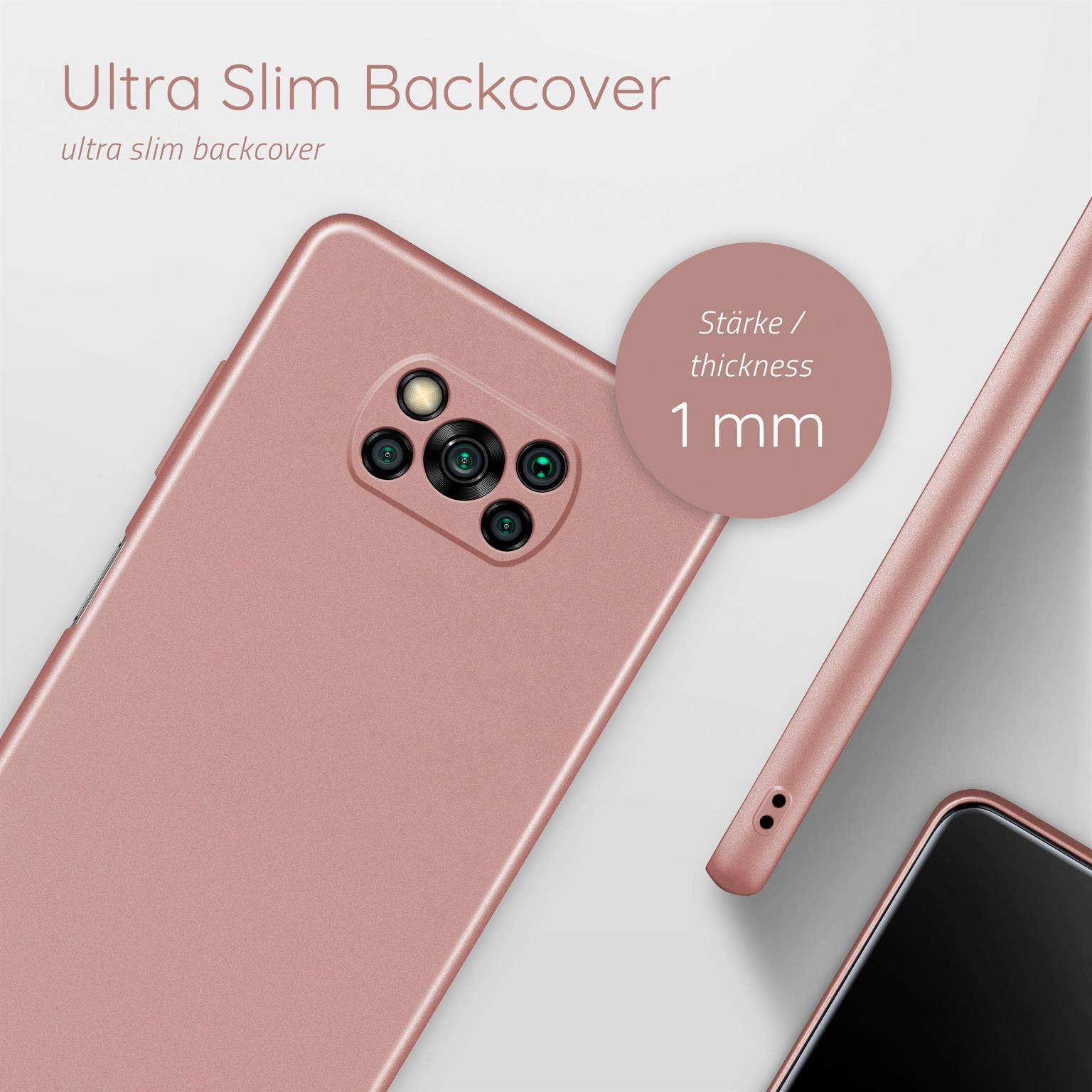 Roségoldene Handyhülle, Nahaufnahme. Text: Ultra Slim Backcover, 1 mm Dicke.