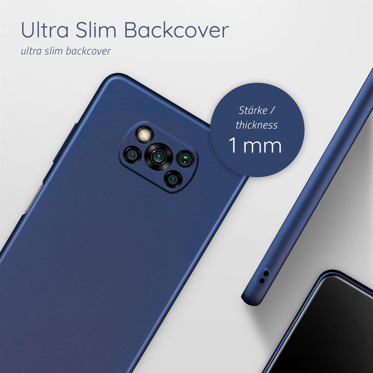 Nahaufnahme einer blauen Handyhülle mit 1 mm Dicke, die den Rand des Telefons zeigt.