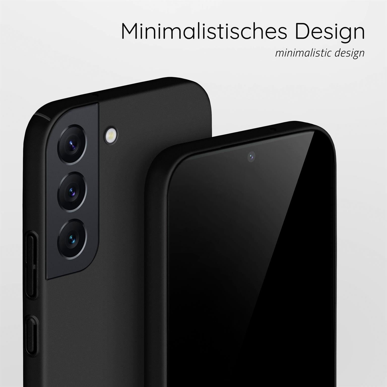 Schwarze Handyhülle, zeigt drei Kameralinsen und ein Telefon. Minimalistisches Design.