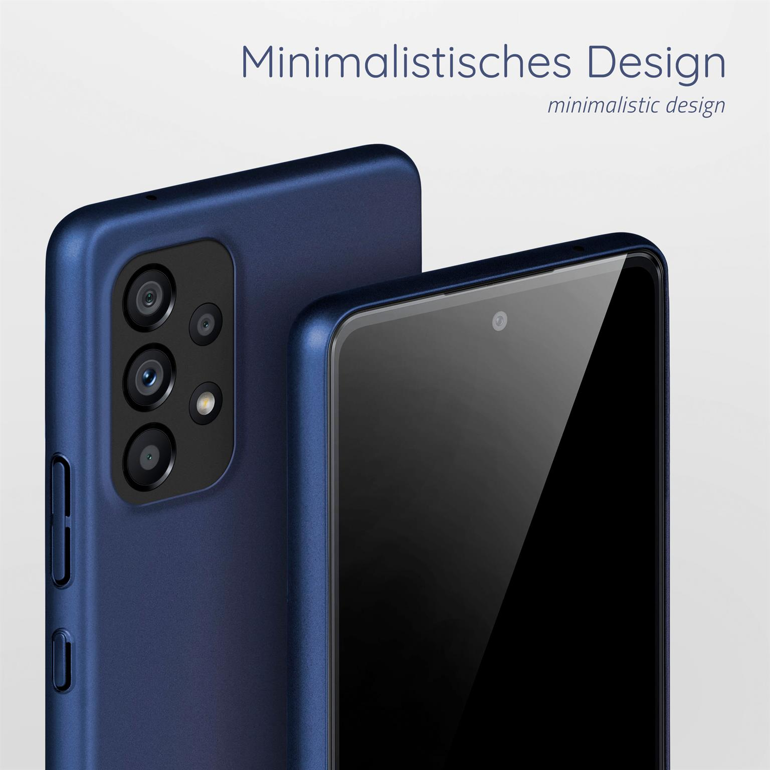 Zwei blaue Telefone mit minimalistischem Design. Text sagt 'Minimalistisches Design'.