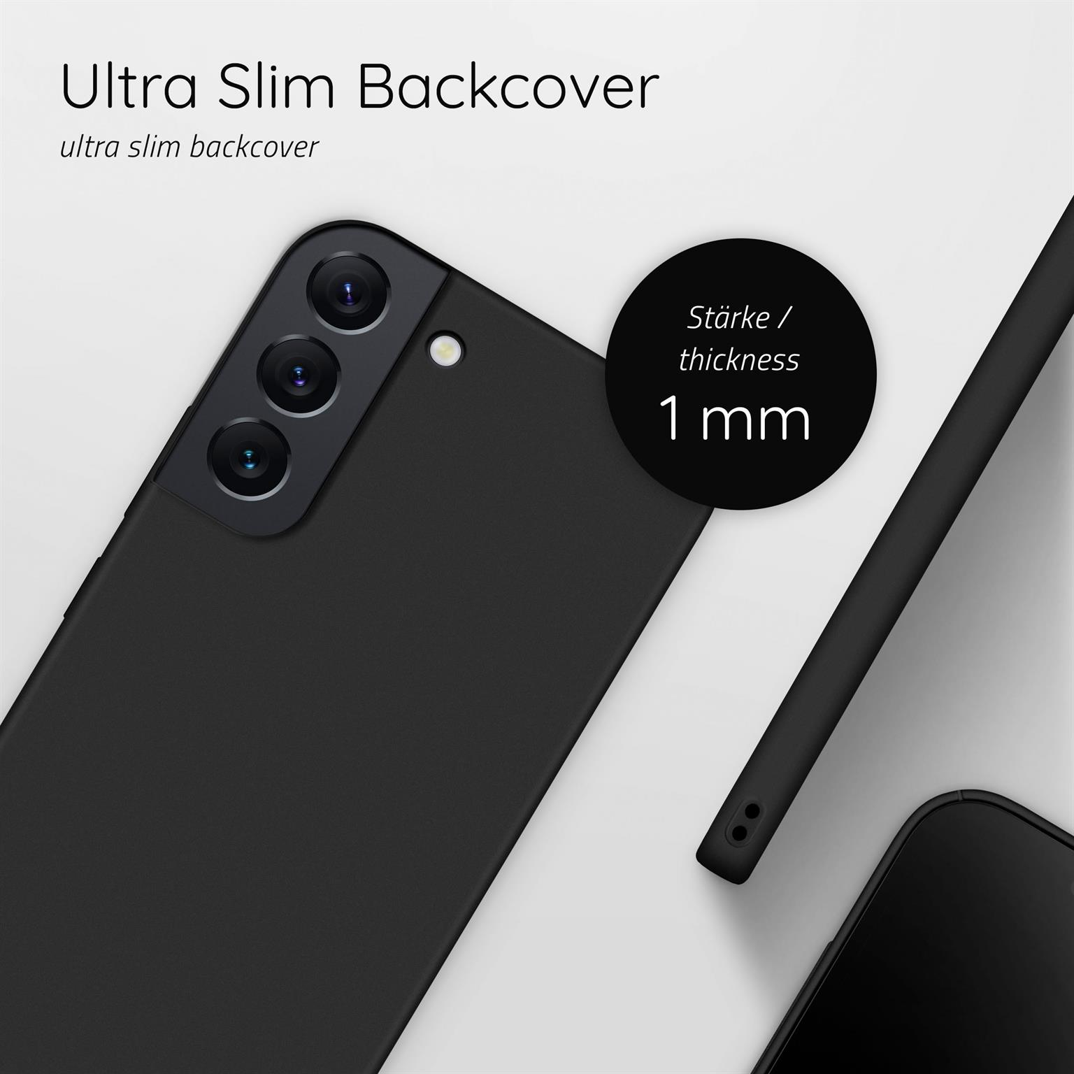 Eine schwarze Handyhülle und Telefon. Text zeigt 1 mm Dicke. Die Hülle hat einen Kameraausschnitt.