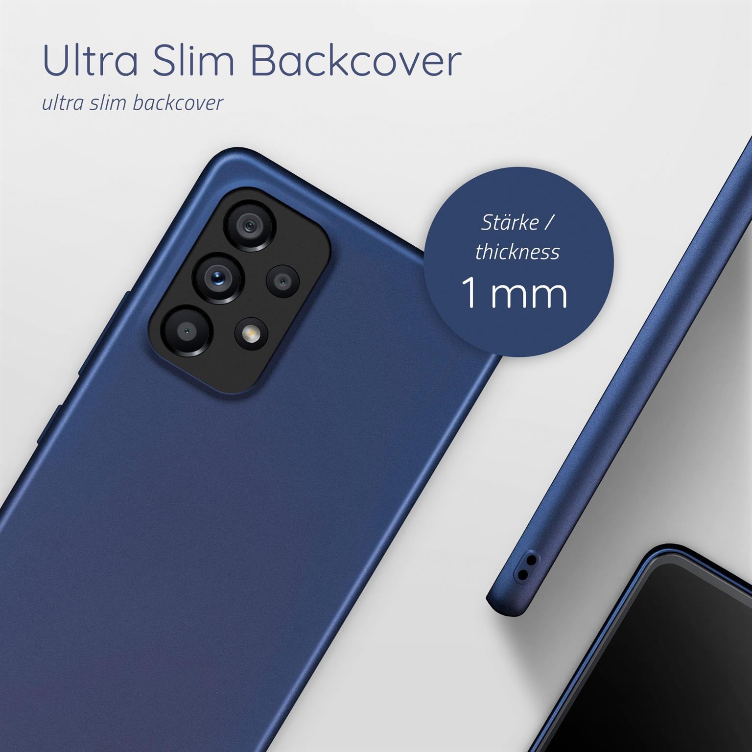 Blaue Telefonrückseite. Telefon teilweise sichtbar. Text: Ultra schlanke Rückseite, 1 mm Dicke.