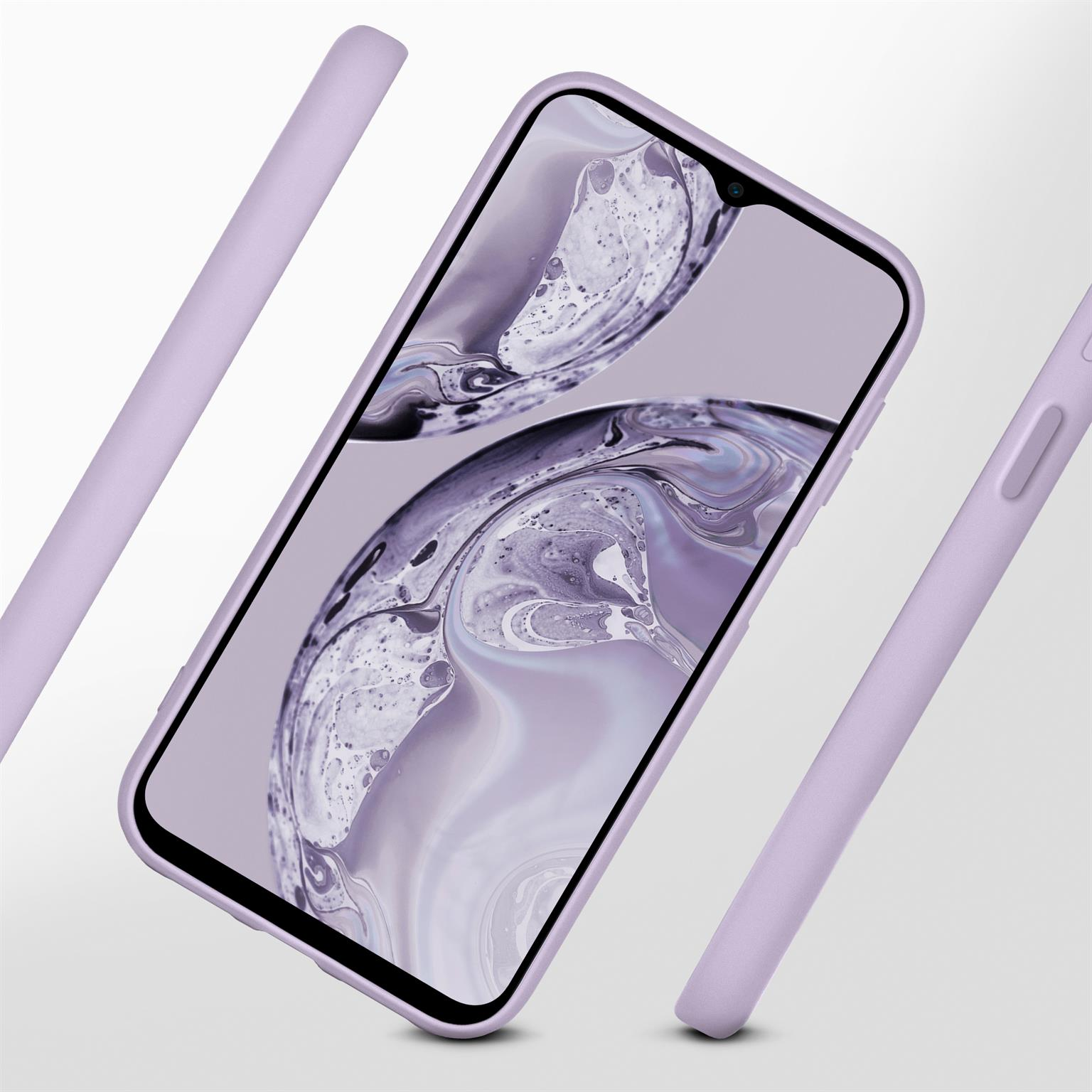 Eine hellviolette Handyhülle und Telefon.