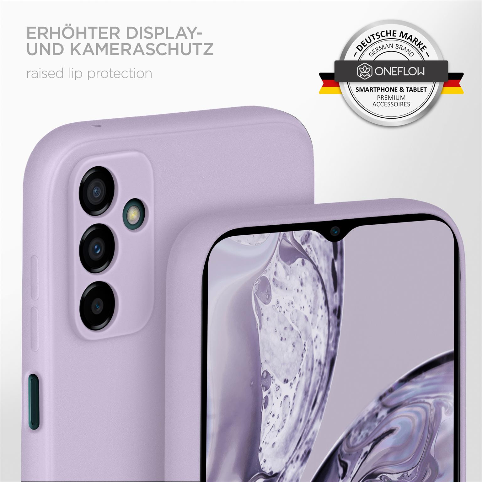 Eine lila Handyhülle mit erhöhtem Lippenschutz. Ein deutsches Markenlogo im Hintergrund.