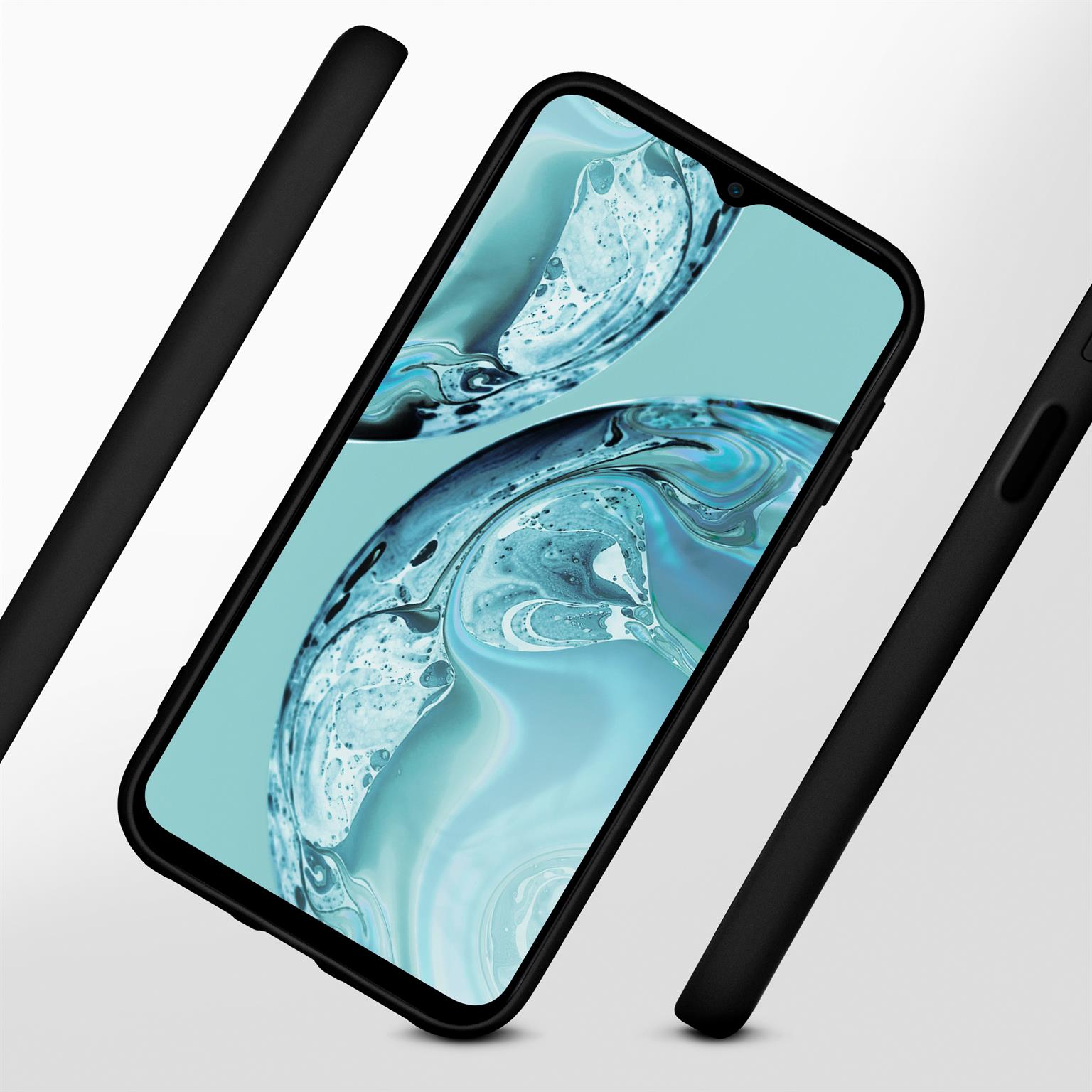 Eine schwarze Handyhülle mit dem Telefon darin. Die Hülle umgibt das Telefon.
