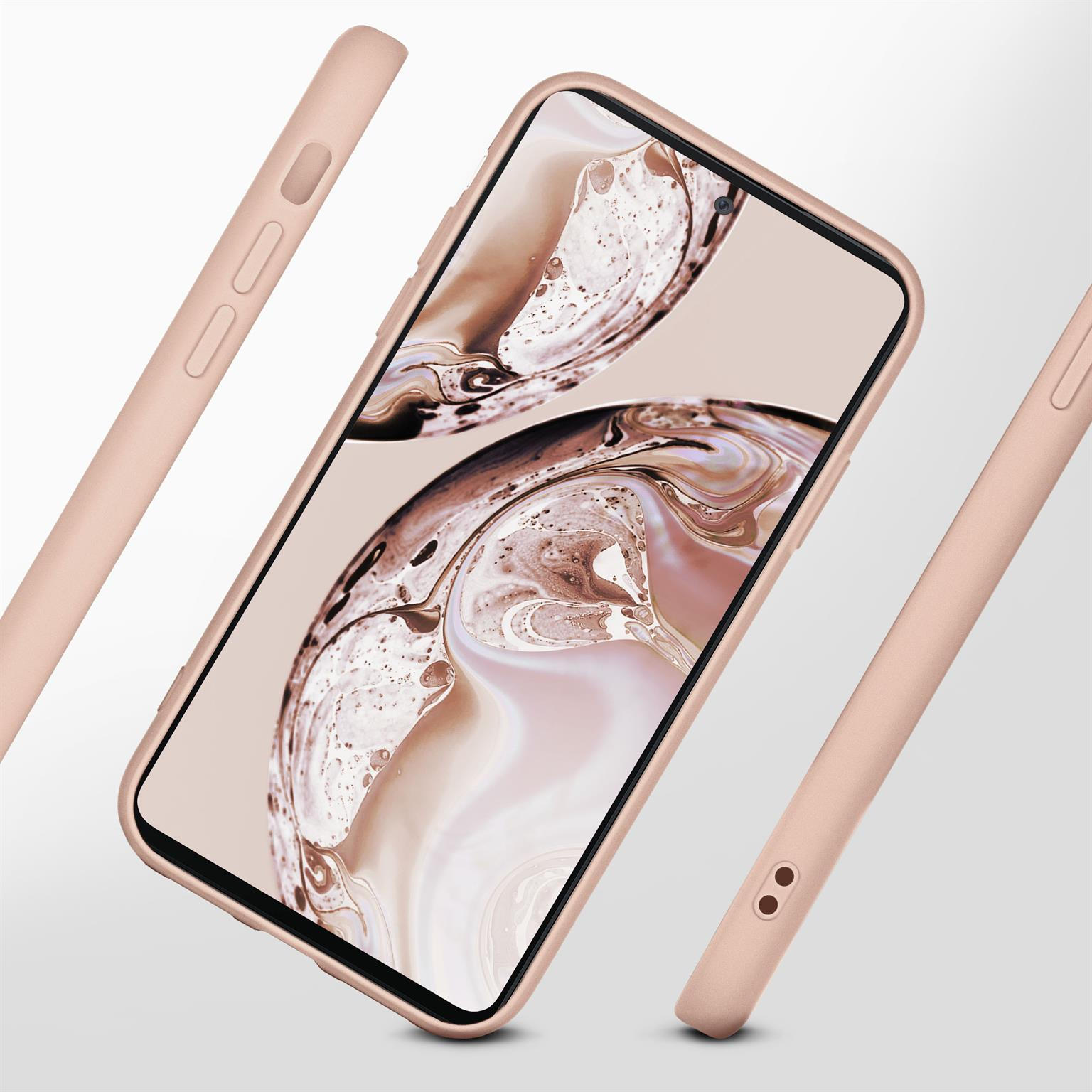 Pfirsichfarbene Handyhülle mit Telefon. Drei abgewinkelte Teile, mit dem Telefon in der Mitte. Weißer Hintergrund.