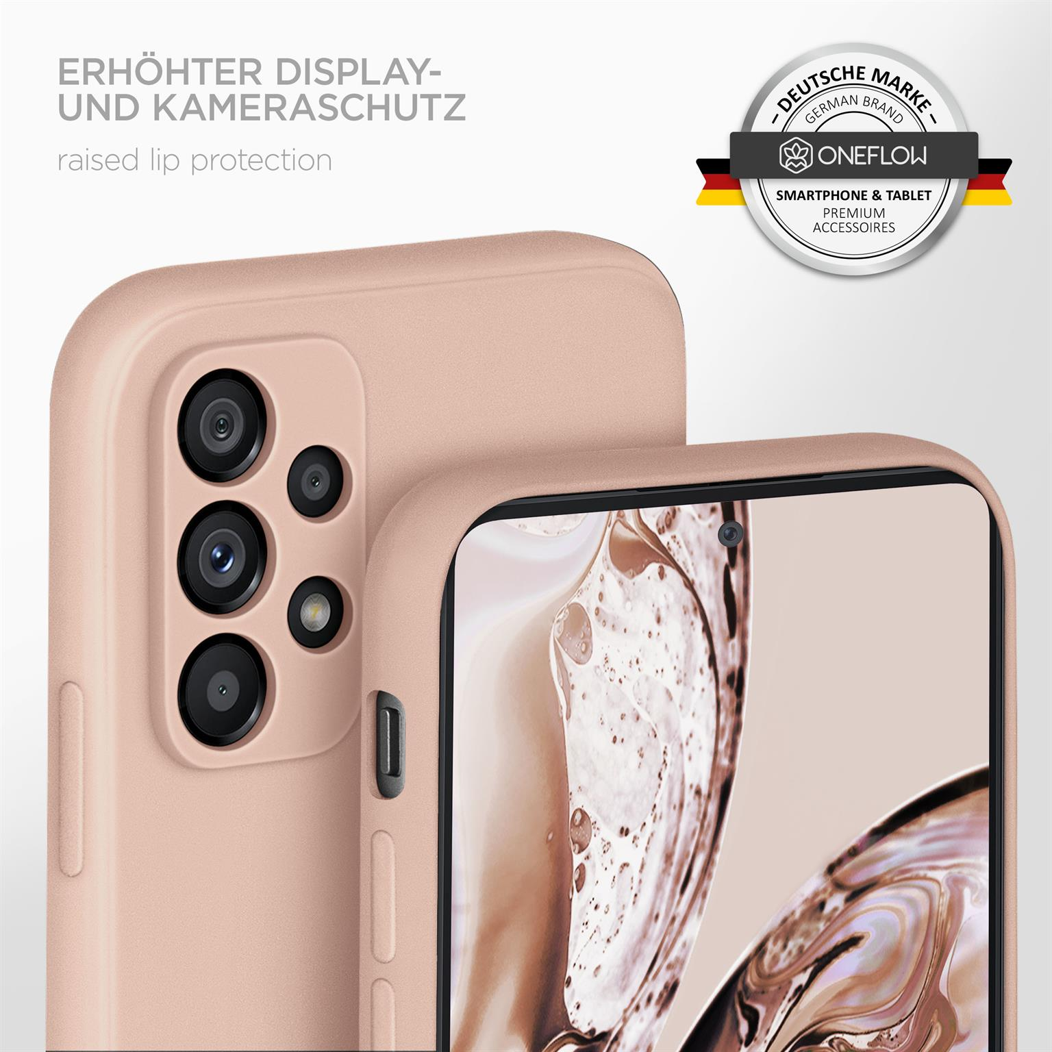 Eine rosa Handyhülle, die ein Telefon mit erhöhtem Lippenschutz für die Kamera schützt.