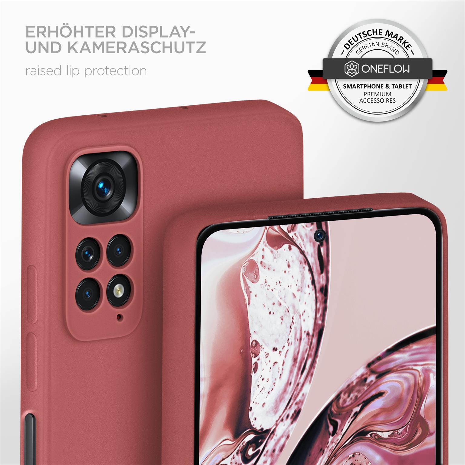 Rote Handyhülle mit Telefon, erhöhtem Lippenschutz und Markenlogo. Die Kamera des Telefons ist sichtbar.