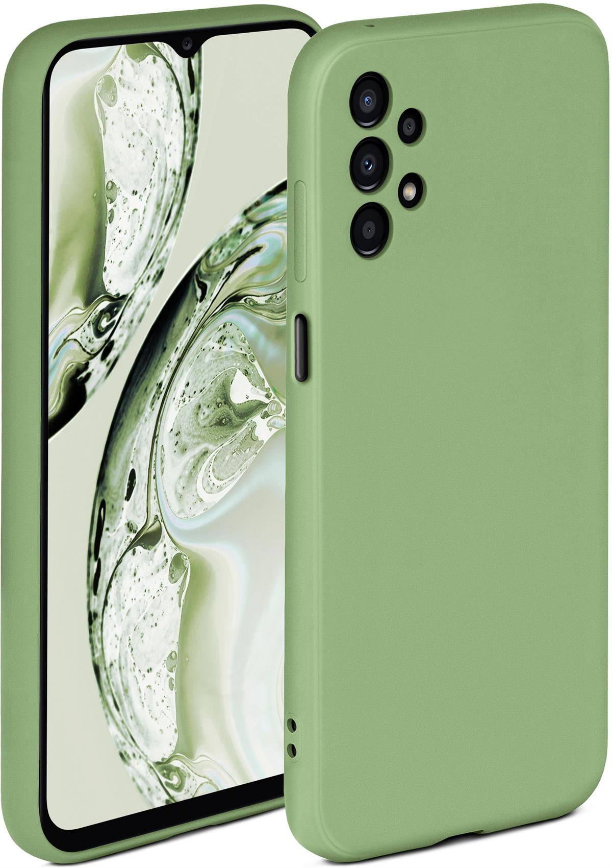 Grüne Handyhülle. Ein Telefon ist darin. Ein weißer Hintergrund.