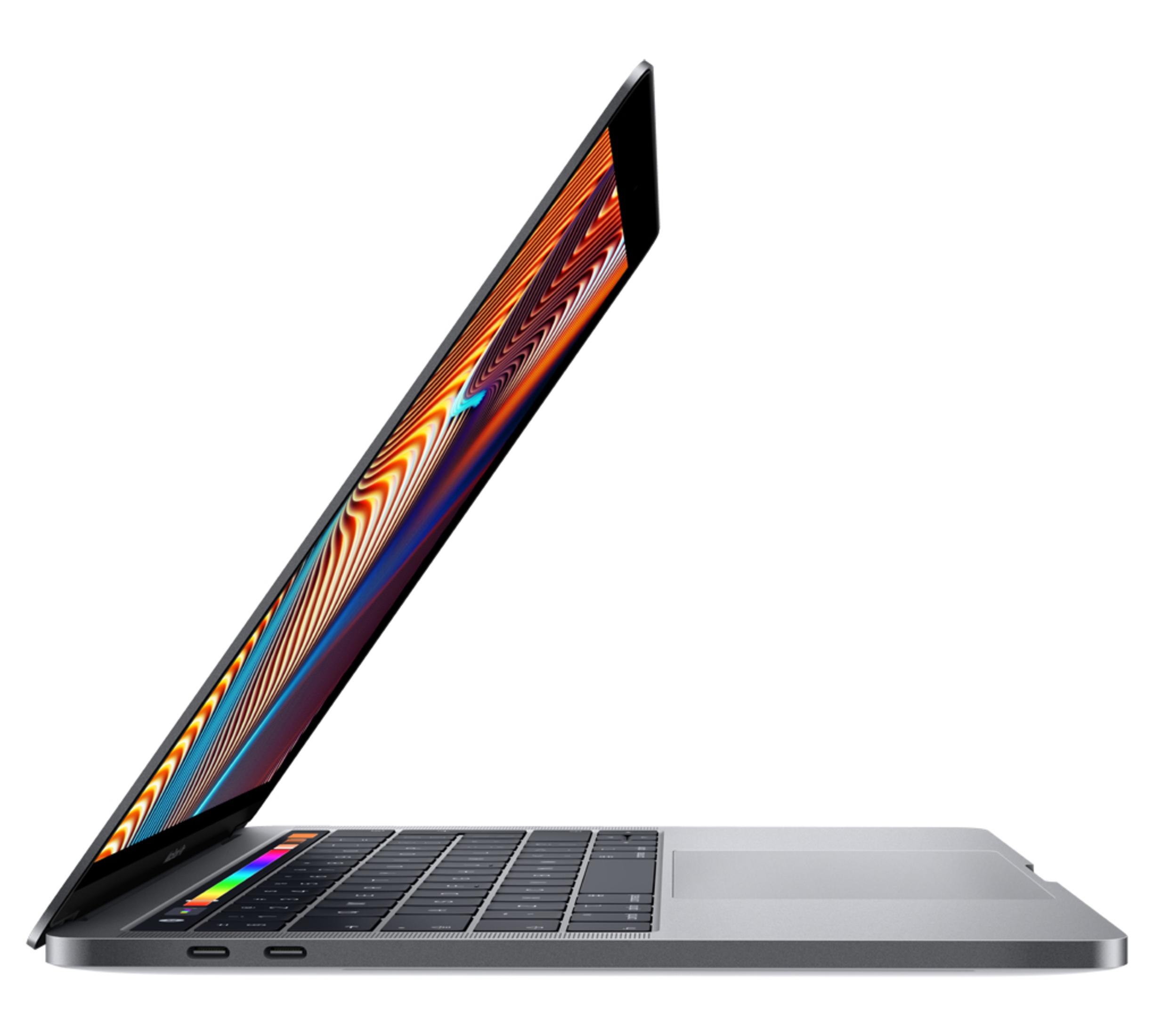 Seitenansicht eines silbernen Laptops mit farbenfrohem Bildschirm auf weißem Hintergrund.