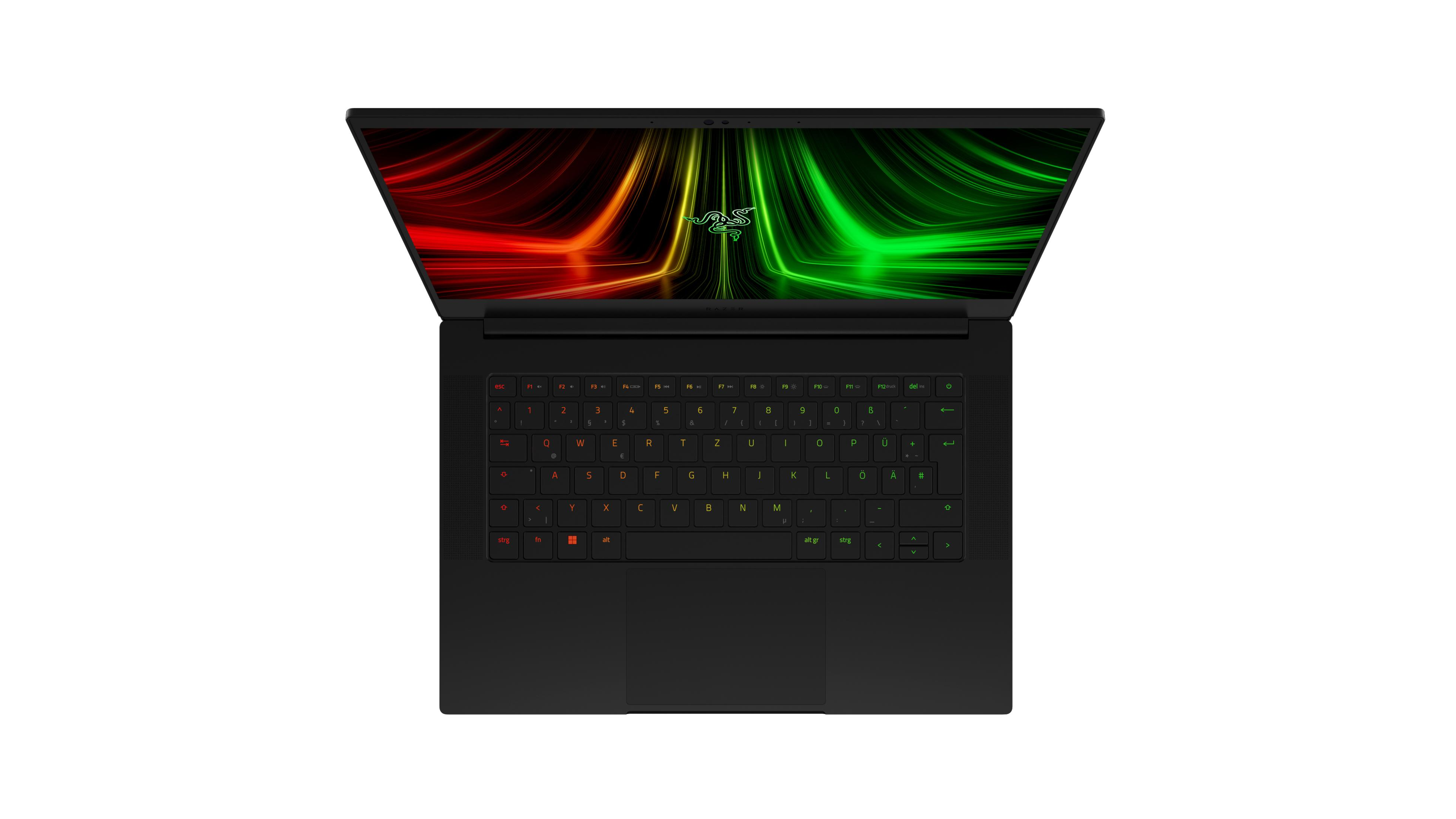 Schwarzer Laptop mit buntem Bildschirm, geöffnet auf weißem Hintergrund. Razer Logo sichtbar.