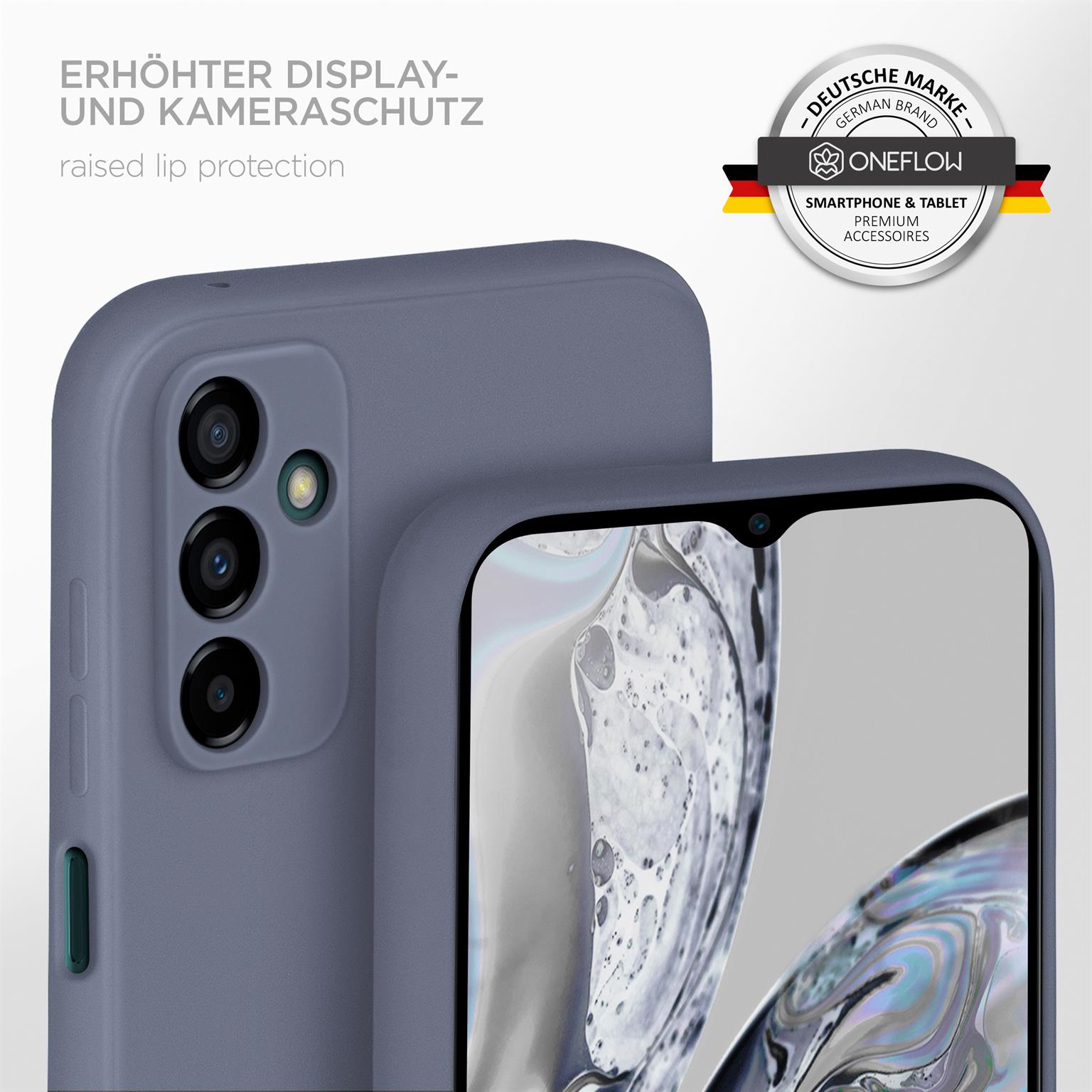 Handyhülle auf Telefon, mit erhöhtem Displayschutz. Deutscher Text und Logo sichtbar.