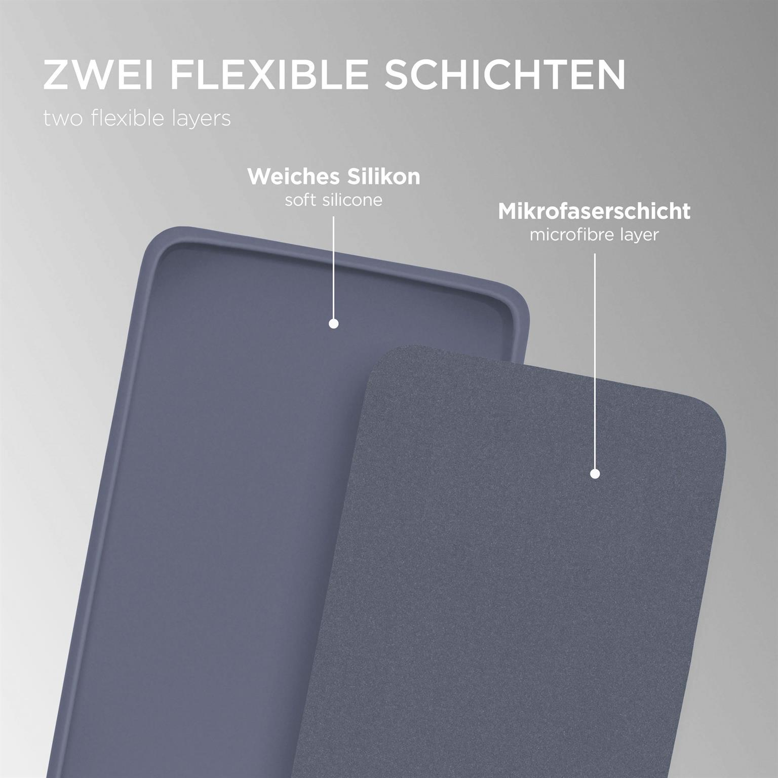 Zwei Materialschichten, blau und grau. Eines ist weiches Silikon, das andere Mikrofaser.