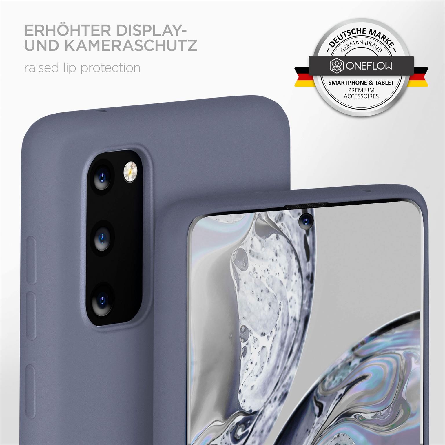 Blaue Handyhülle mit erhöhtem Kameraschutz, deutsches Markenlogo.