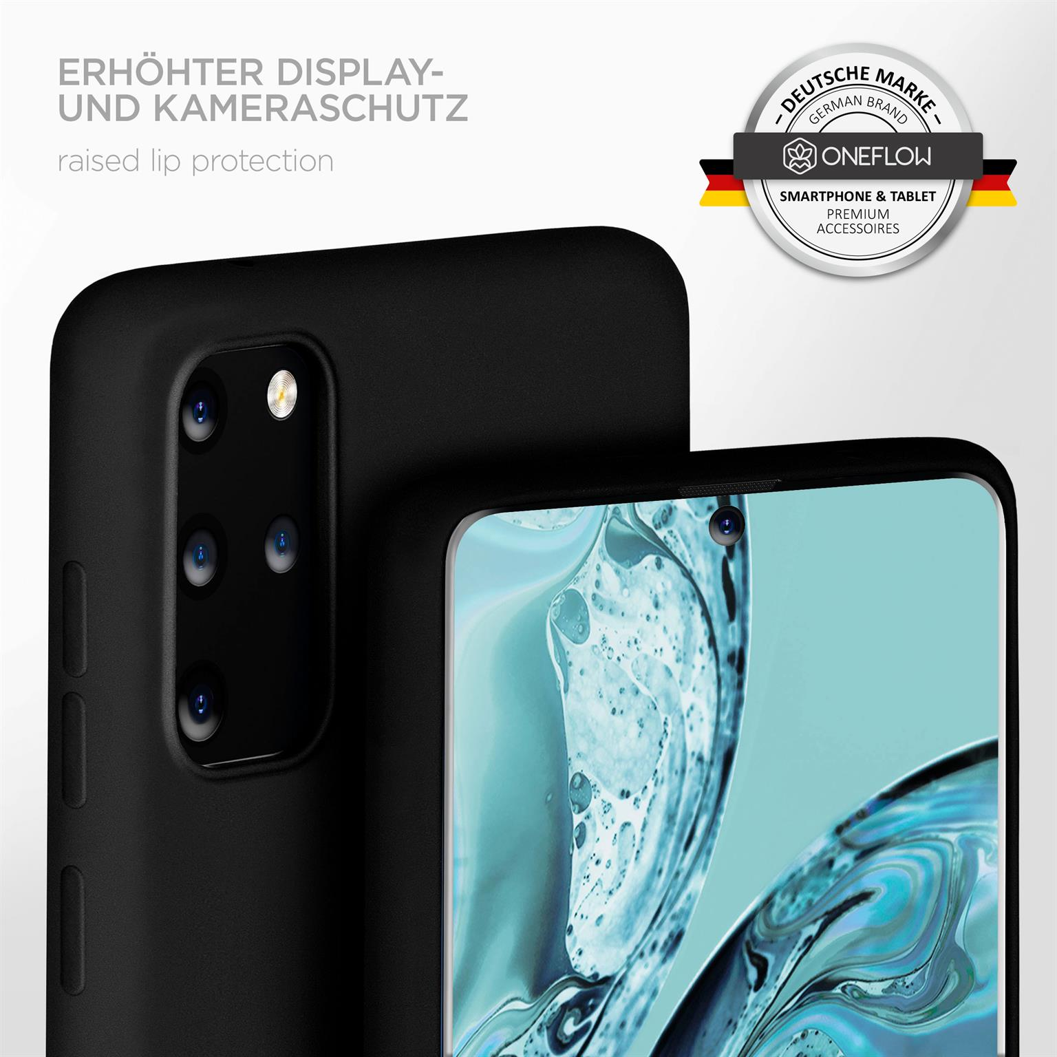 Schwarze Handyhülle mit erhöhten Kanten, die das Telefon schützen. Markenlogo und Text im Hintergrund.
