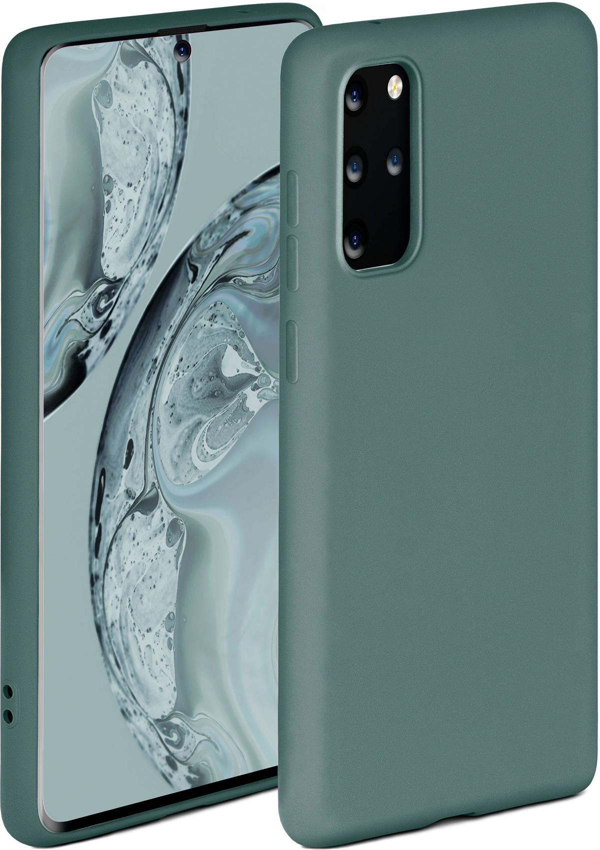 Grüne Handyhülle mit Telefon, auf weißem Hintergrund, mit Telefon links.