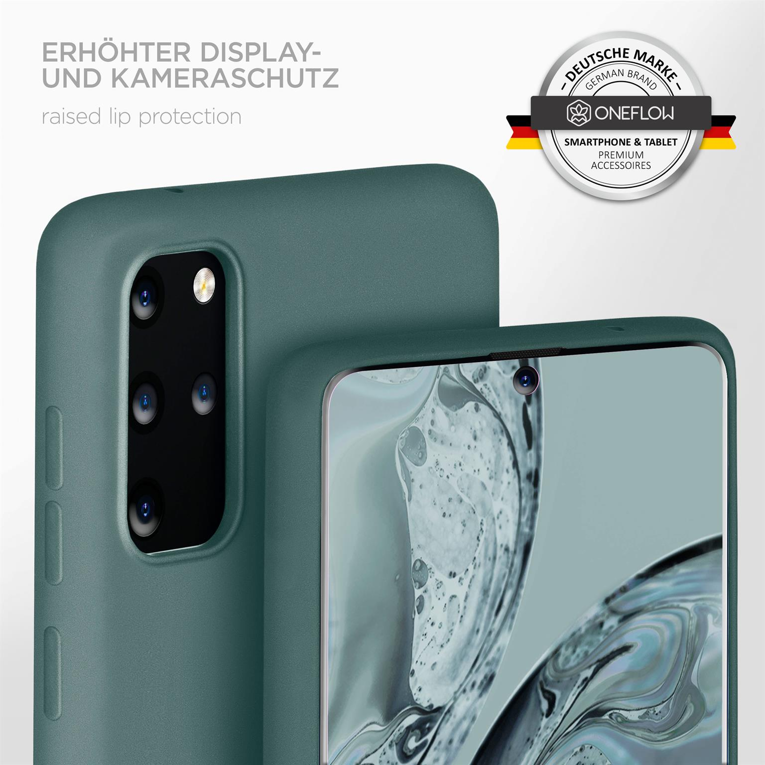 Telefon mit verbessertem Display- und Kameraschutz, in grüner Hülle mit Logo.