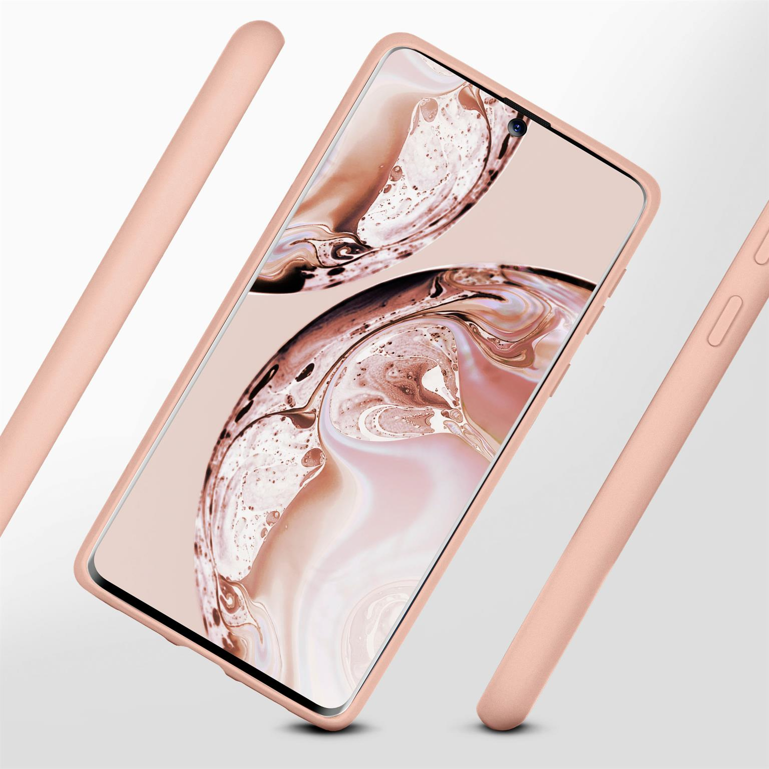 Rosa Handyhülle mit Telefon darin, umgeben von anderen rosa Elementen auf hellem Hintergrund.