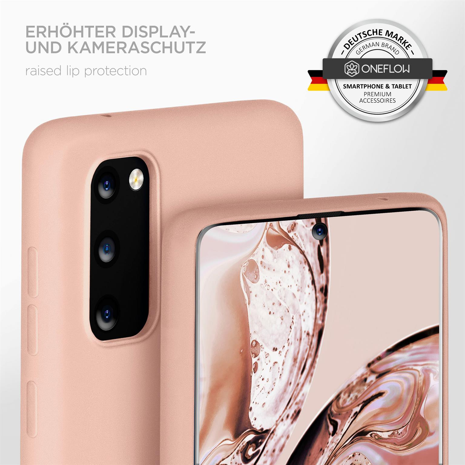Rosa Handyhülle mit erhöhtem Rand und Logo, weißer Hintergrund. Erhöhter Lippenschutz.