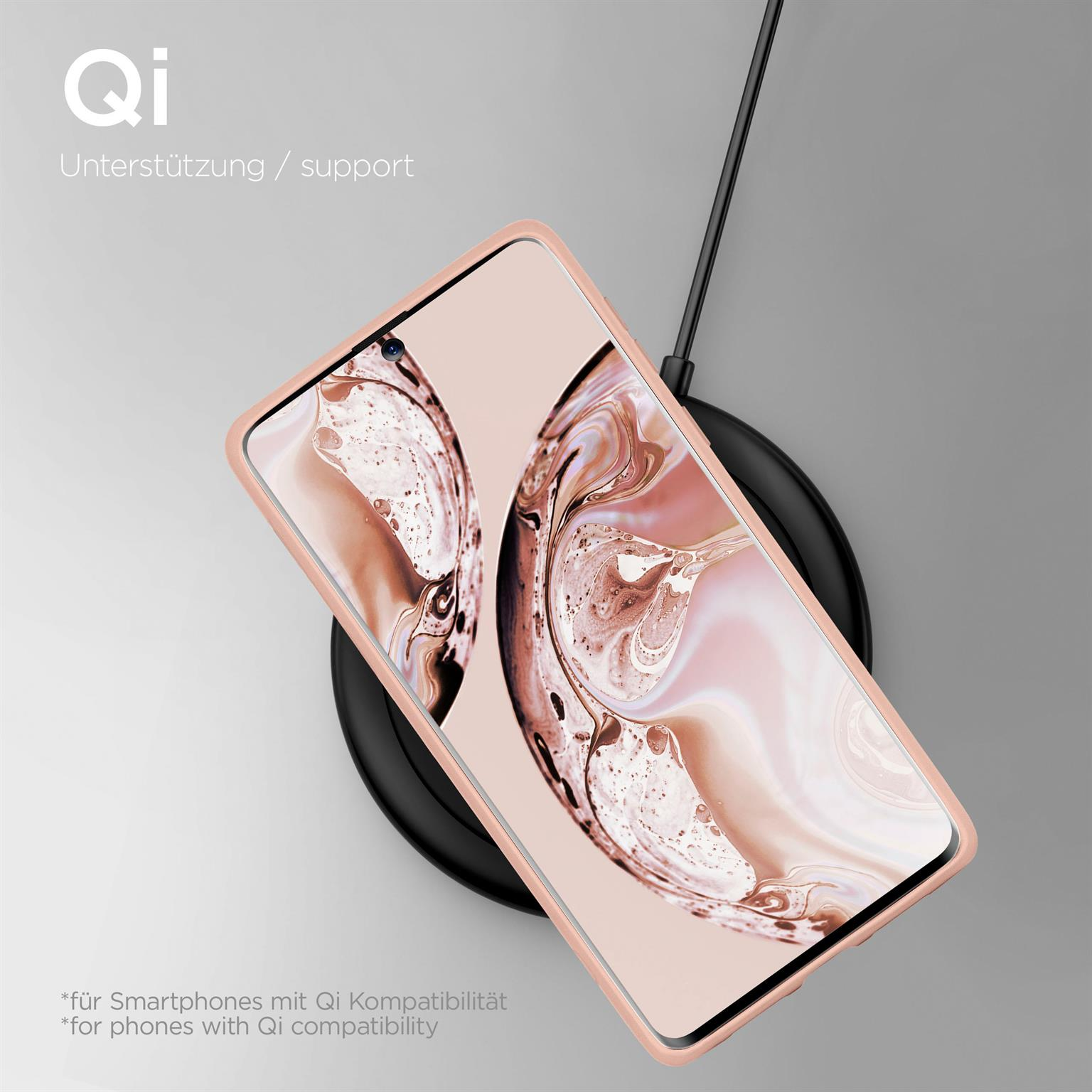 Telefon in rosa Hülle auf schwarzem kabellosen Ladegerät. Text: Qi, Unterstützung. Unten: Telefone mit Qi.