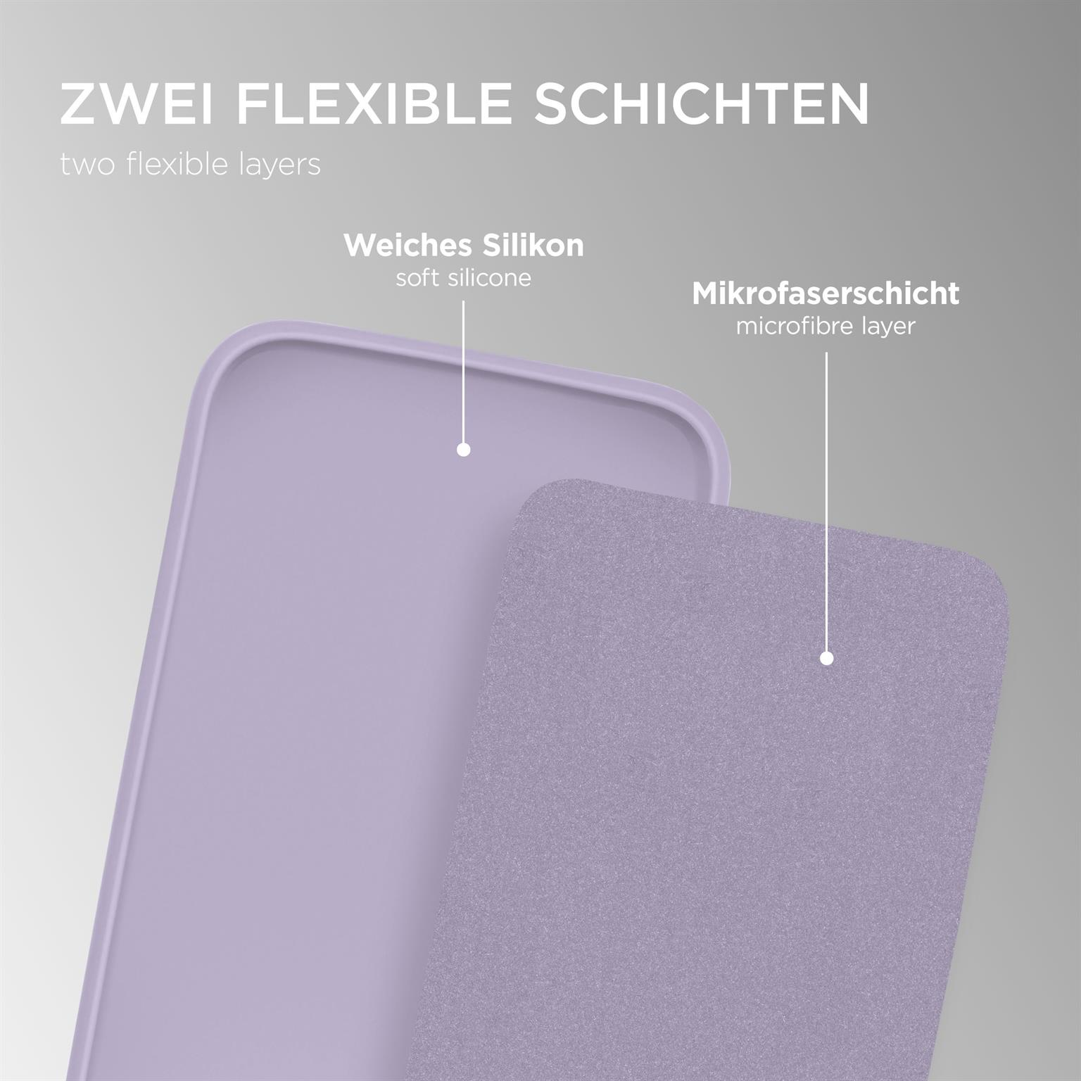 Zwei Schichten Handyhüllenmaterial. Weiches Silikon und eine Mikrofaser-Schicht. Text: Zwei flexible Schichten.