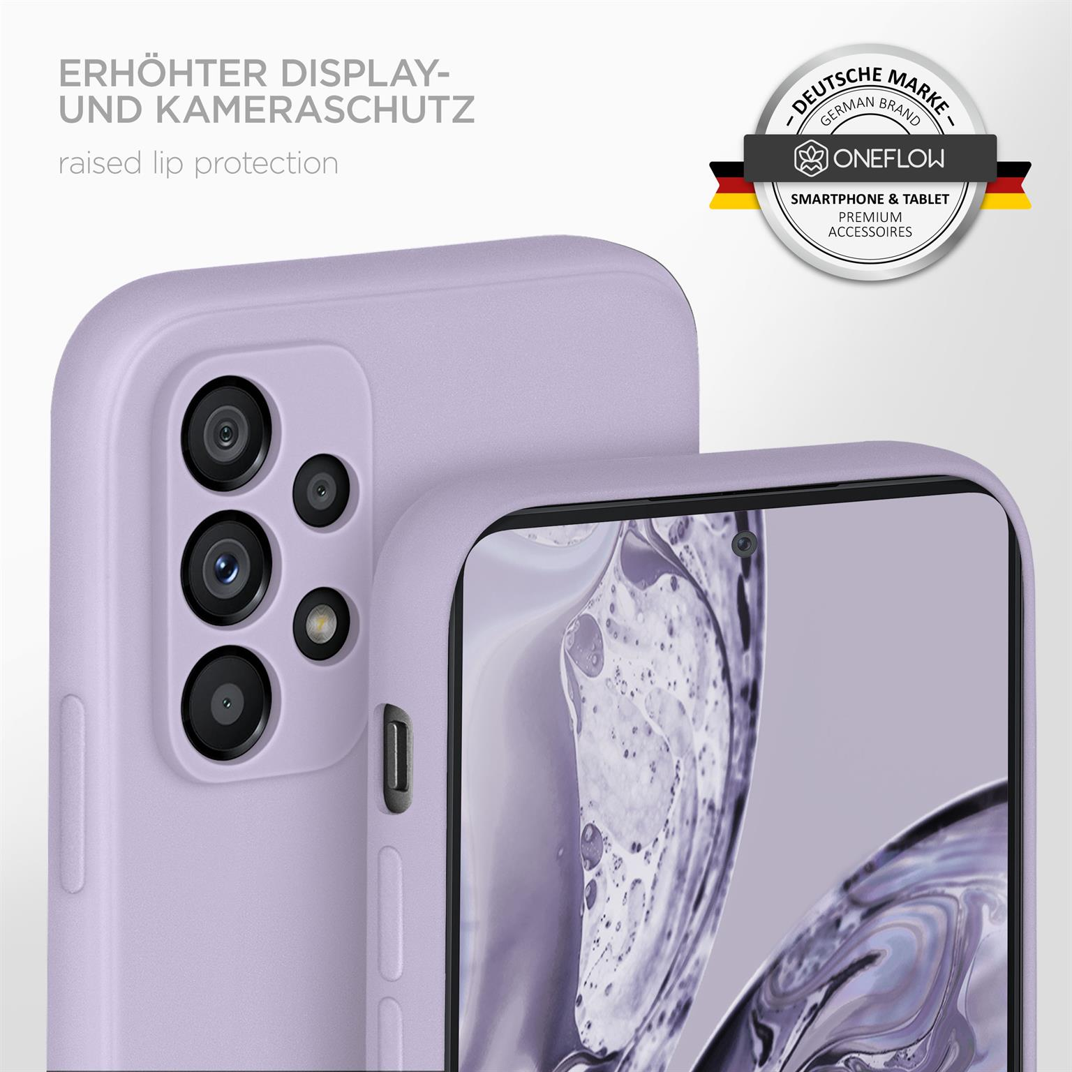 Eine lila Handyhülle, mit Text, der erhöhten Lippenschutz für die Kamera erwähnt.