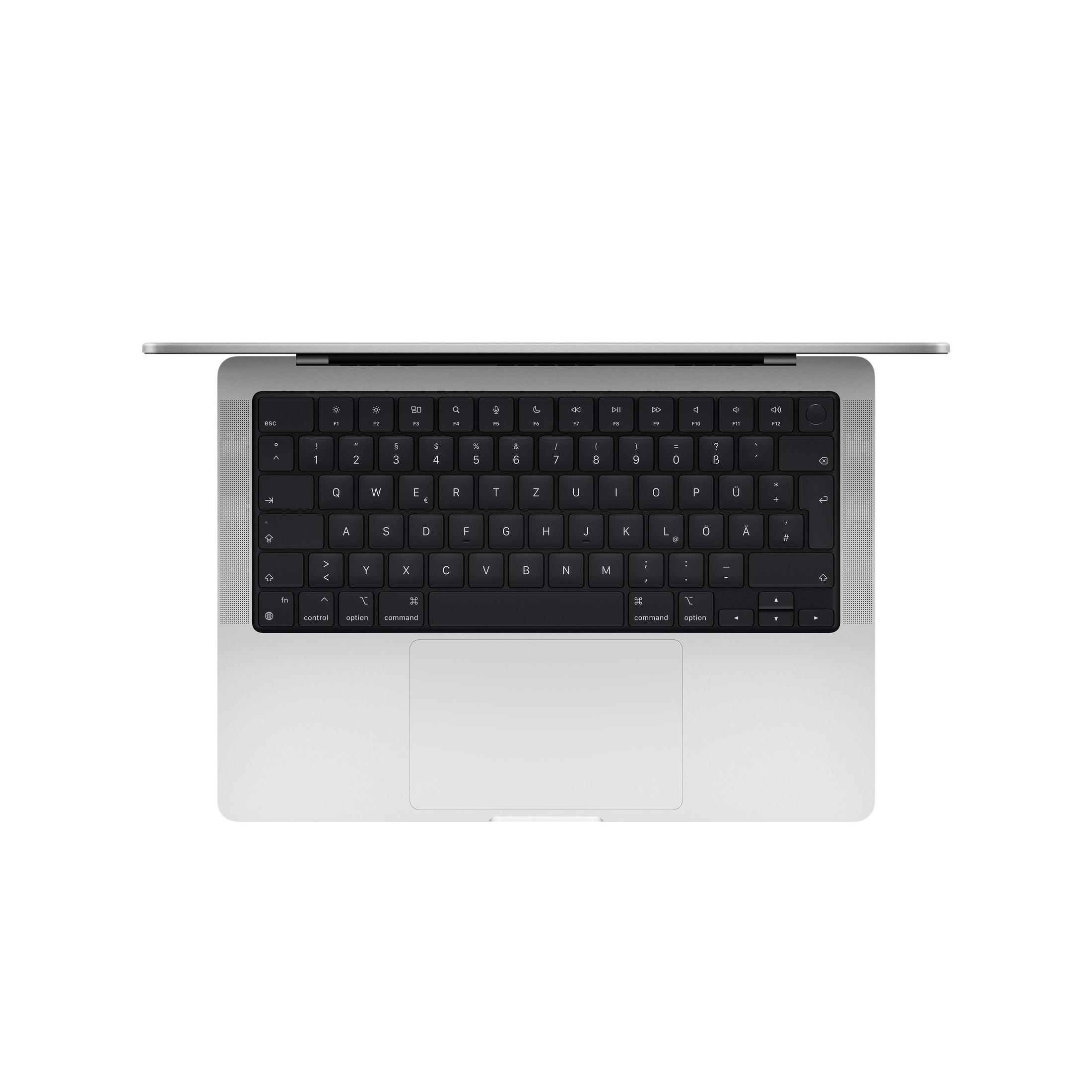 Laptop-Tastatur, Draufsicht, silberfarben. Die Tastatur ist schwarz mit weißen Buchstaben.