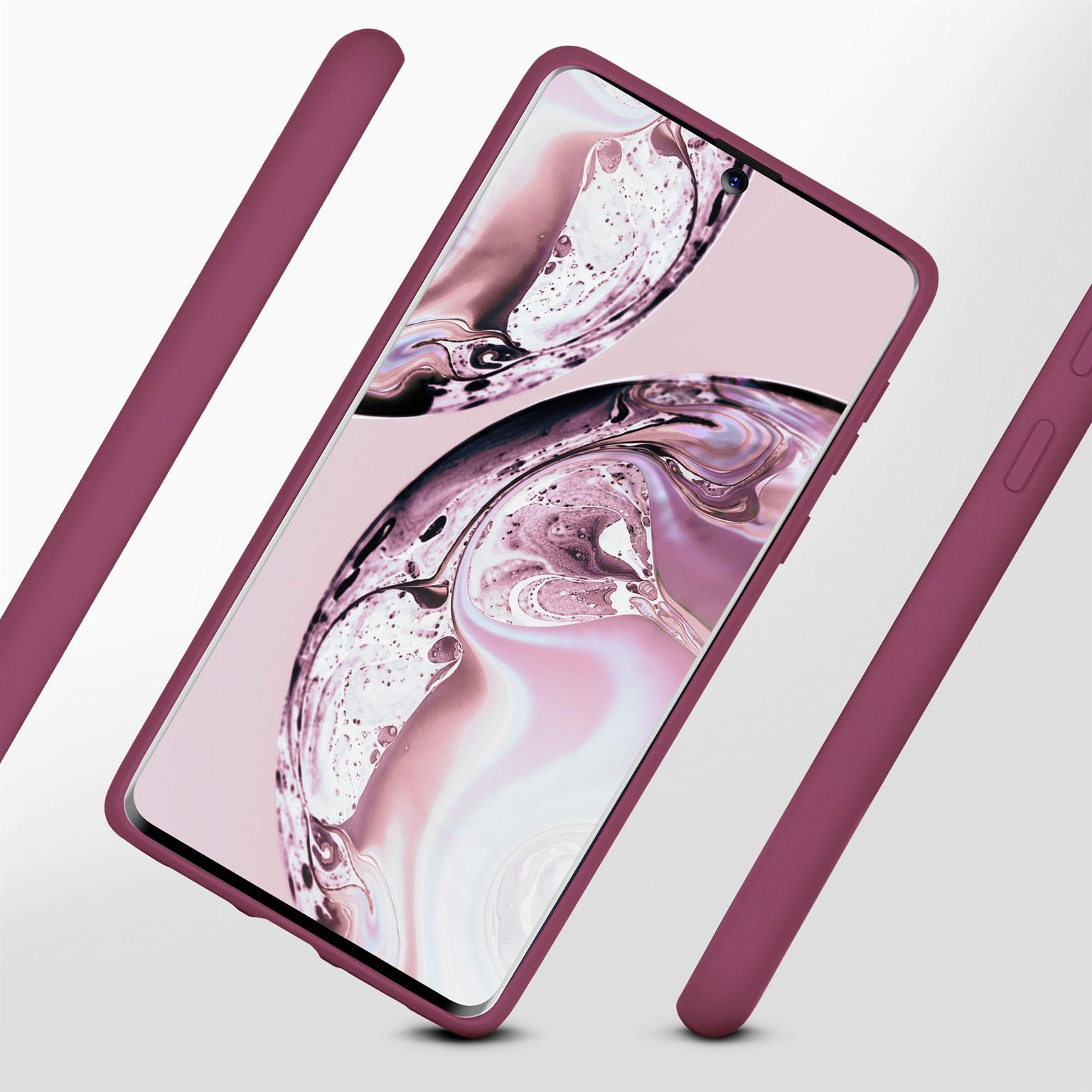 Telefon in roter Hülle. Hüllenteile schweben. Rosa Hintergrund.