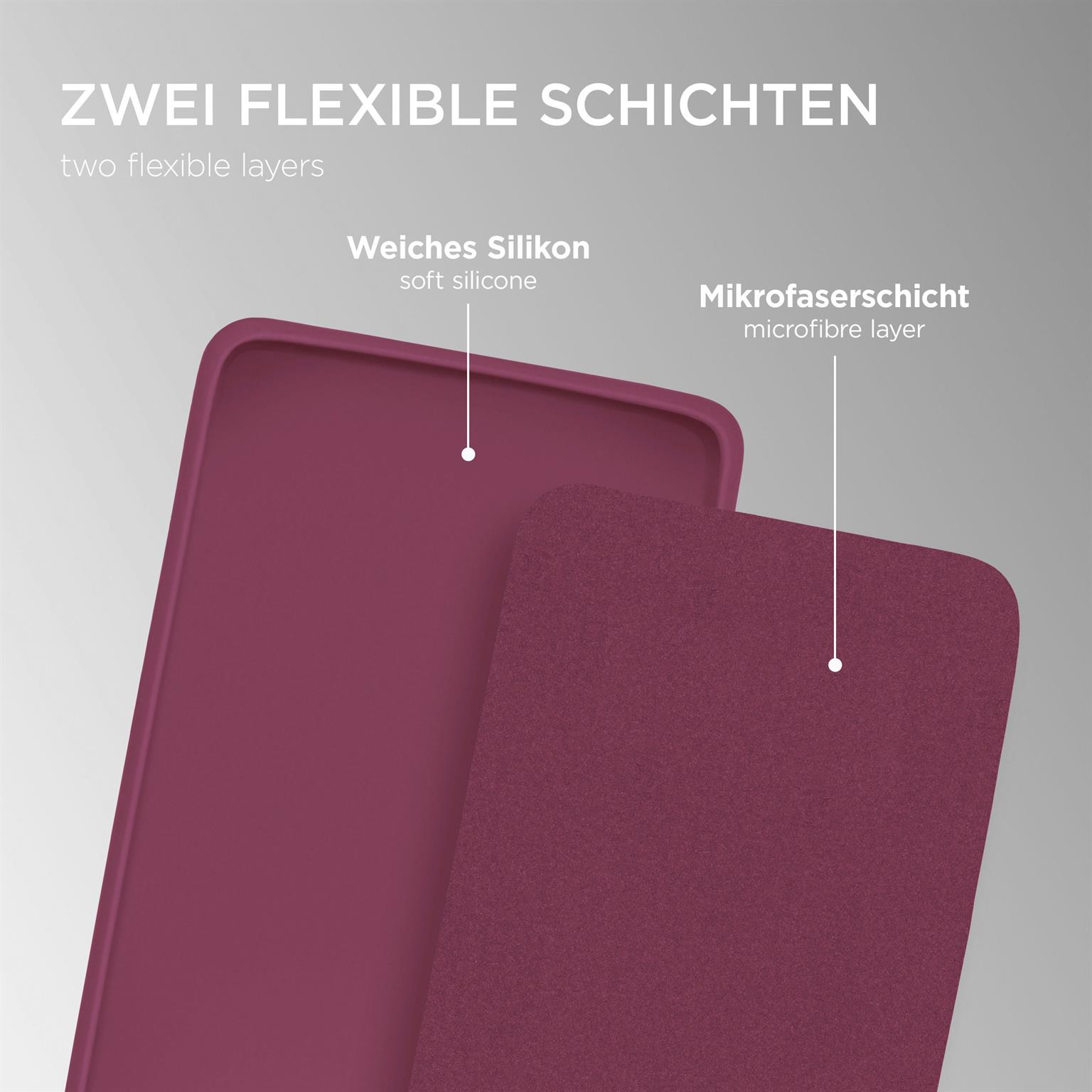 Zwei-Schichten-Handyhülle, weiches Silikon und Mikrofaser, in Lila.