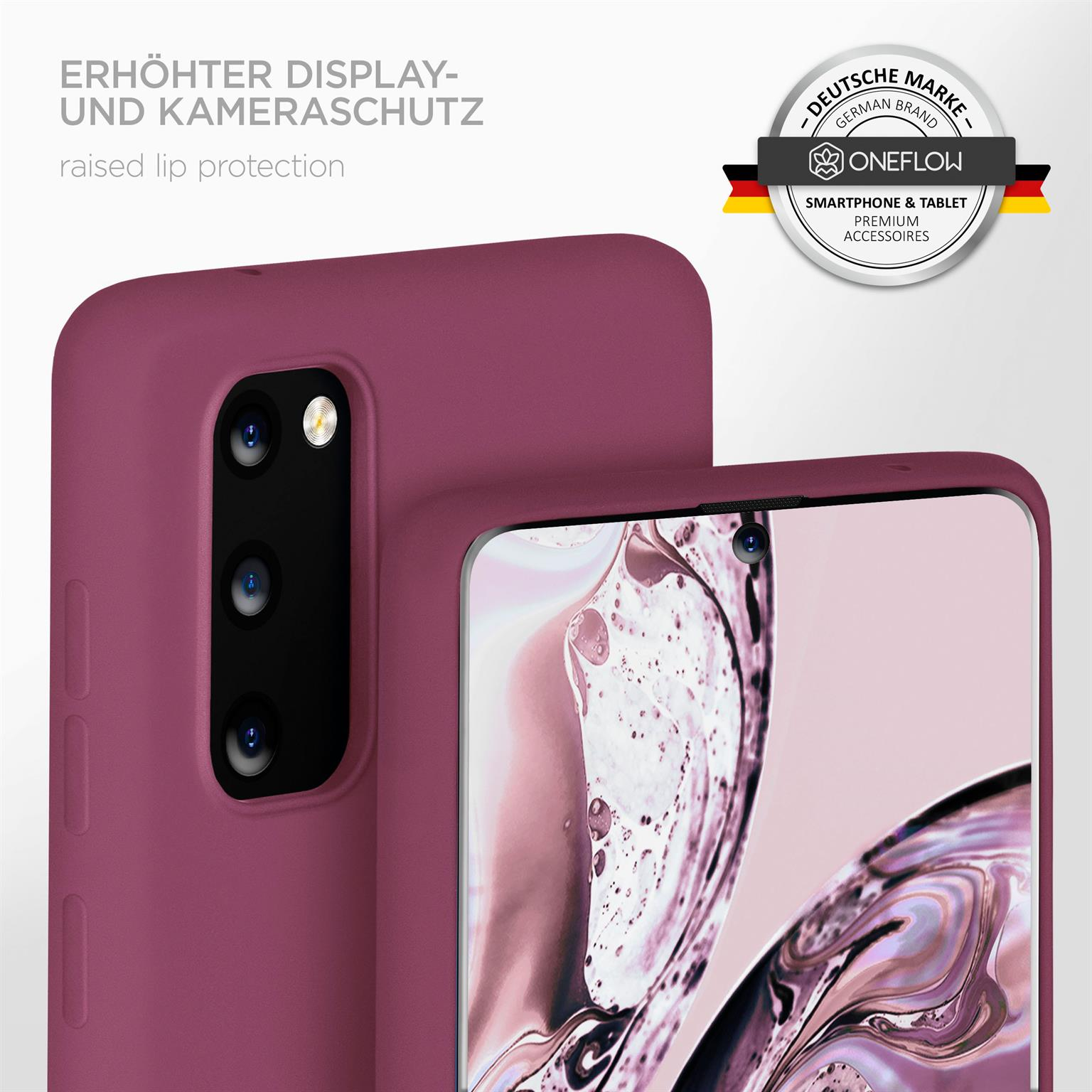 Nahaufnahme eines Telefons in einer magenta Hülle, mit erhöhtem Kameraschutz. Oneflow Markenlogo.
