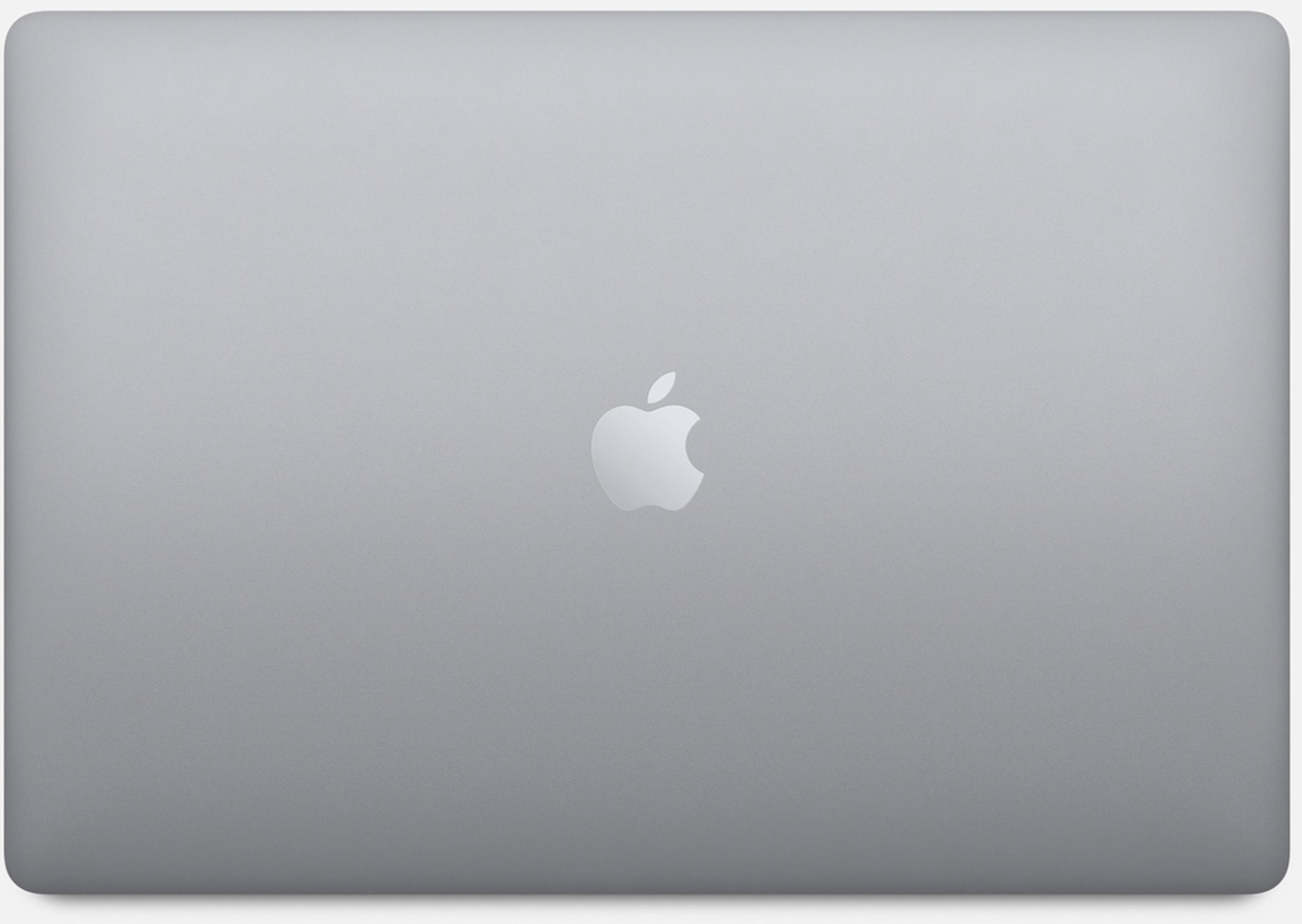 Silberner Laptopdeckel mit Apple-Logo.