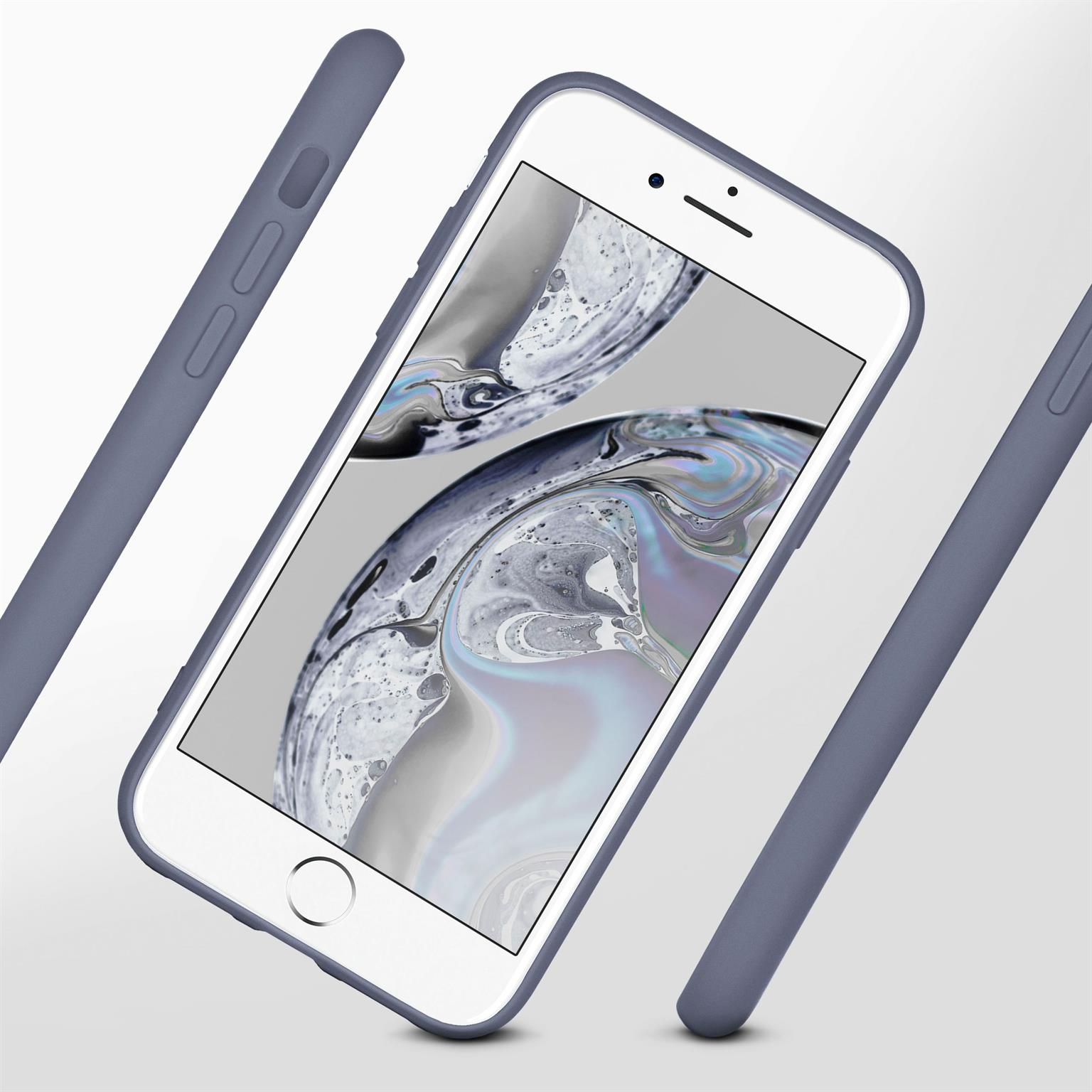 Ein Telefon mit Hülle. Hülle und Telefon sind blau. Telefon hat Bildschirm mit Hintergrundbild.