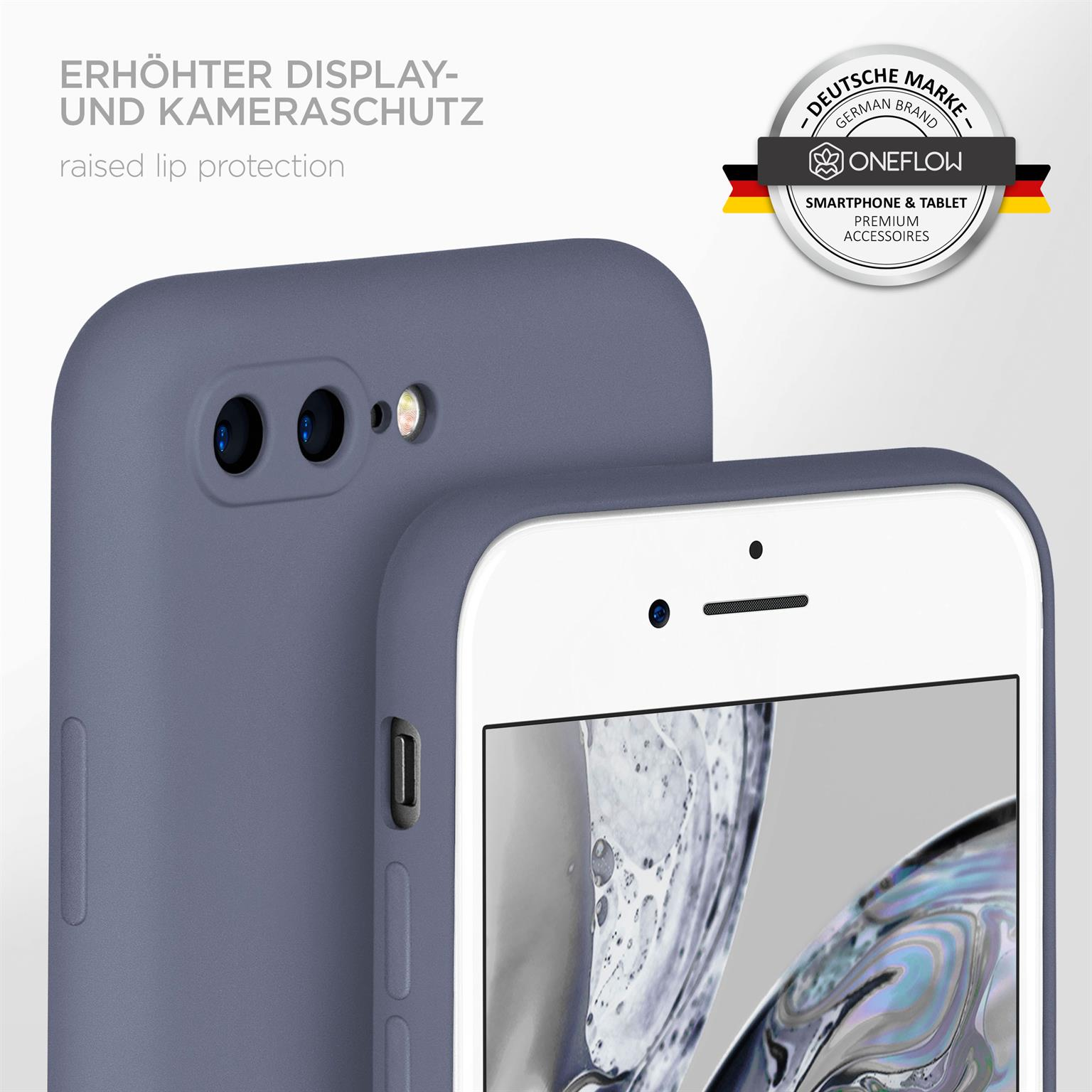 Nahaufnahme von Telefon und blauer Handyhülle. Das Telefon hat einen weißen Bildschirm. Hintergrund unscharf.