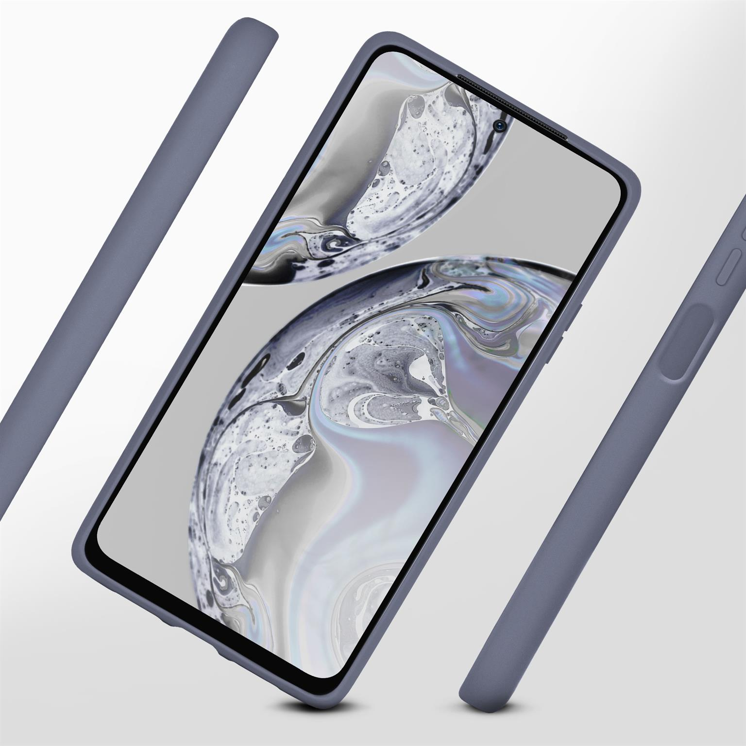 Telefon in blauer Hülle. Zwei weitere Hüllen sind daneben. Der Bildschirm hat ein Wirbeldesign.