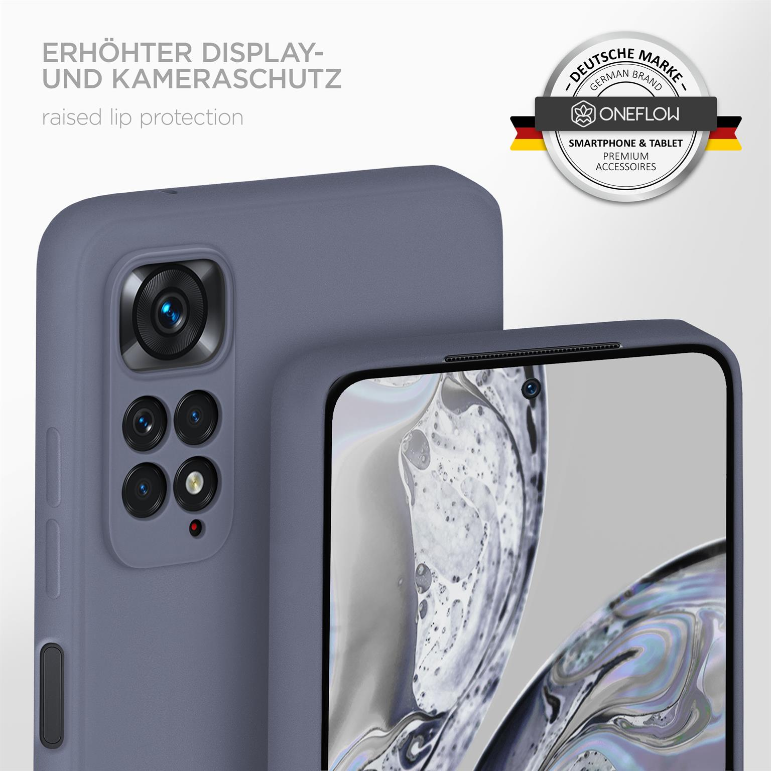Blaue Handyhülle mit Telefon. Text: Erhöhter Lippenschutz.