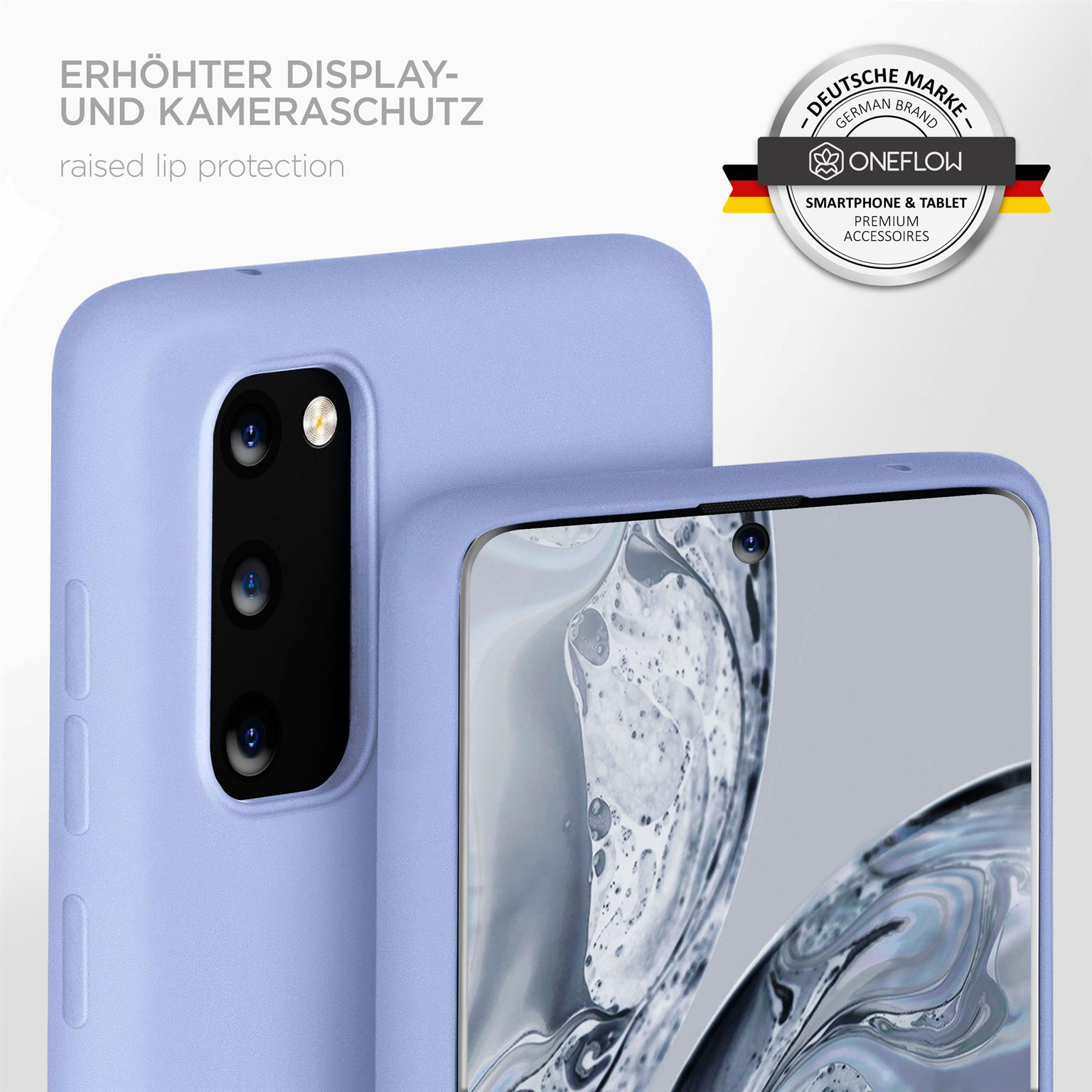 Nahaufnahme einer hellvioletten Handyhülle, die ein Telefon mit erhöhtem Rand schützt.