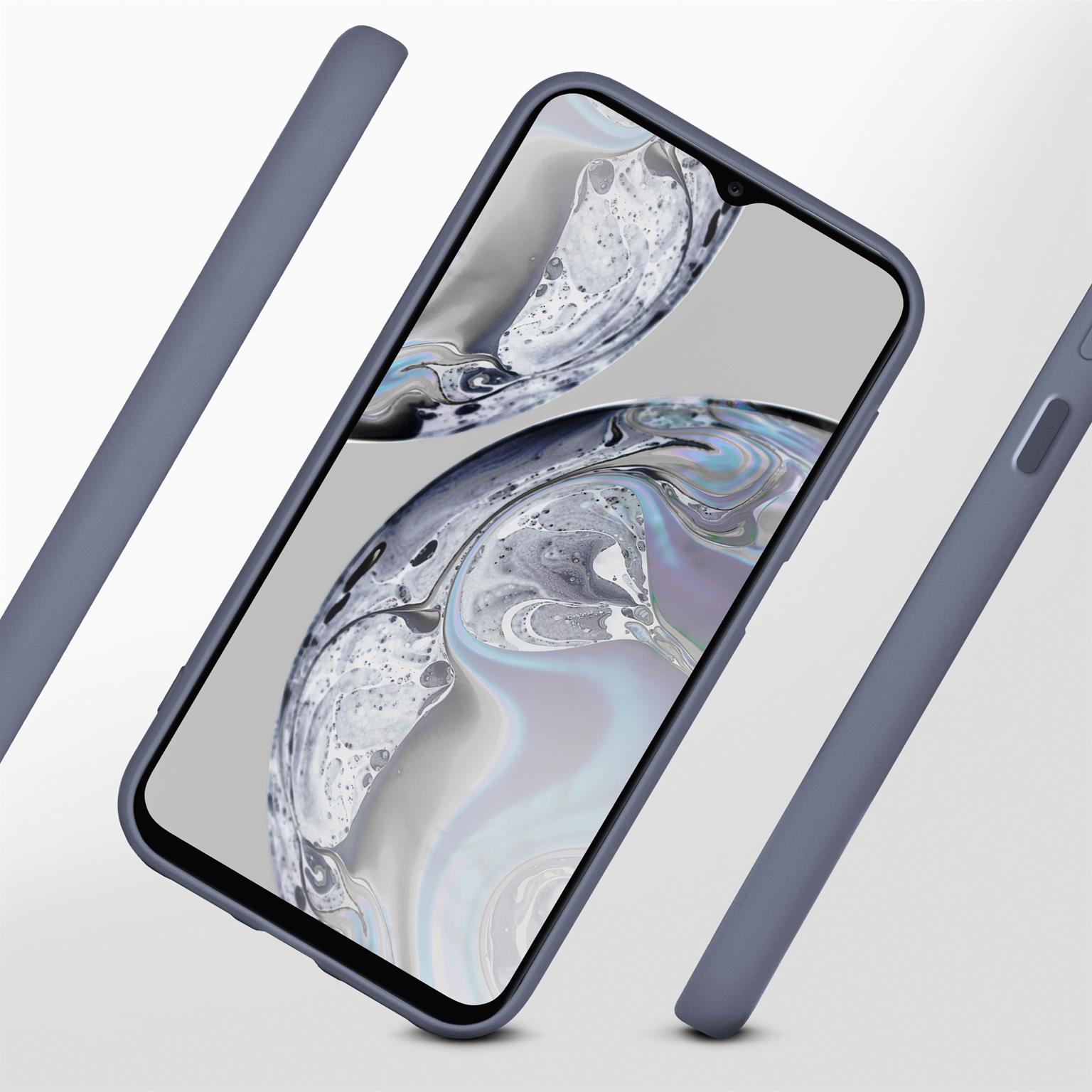 Blaues Telefon mit abgerundeten Kanten und einem Bildschirm mit verschwommenem Design.