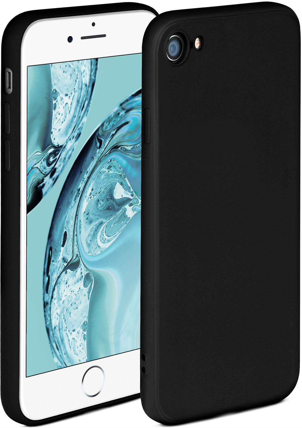Schwarze Handyhülle mit weißem Handy. Das Display zeigt abstrakte Kunst. Die Hülle ist daneben.