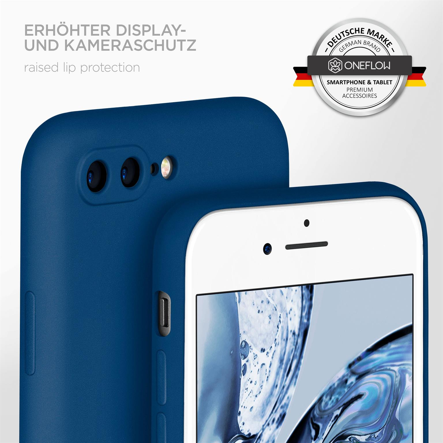 Blaue Handyhülle mit Telefon, erhöhtem Lippenschutz und Markenlogo. Der Telefonbildschirm ist sichtbar, weiße Vorderseite.