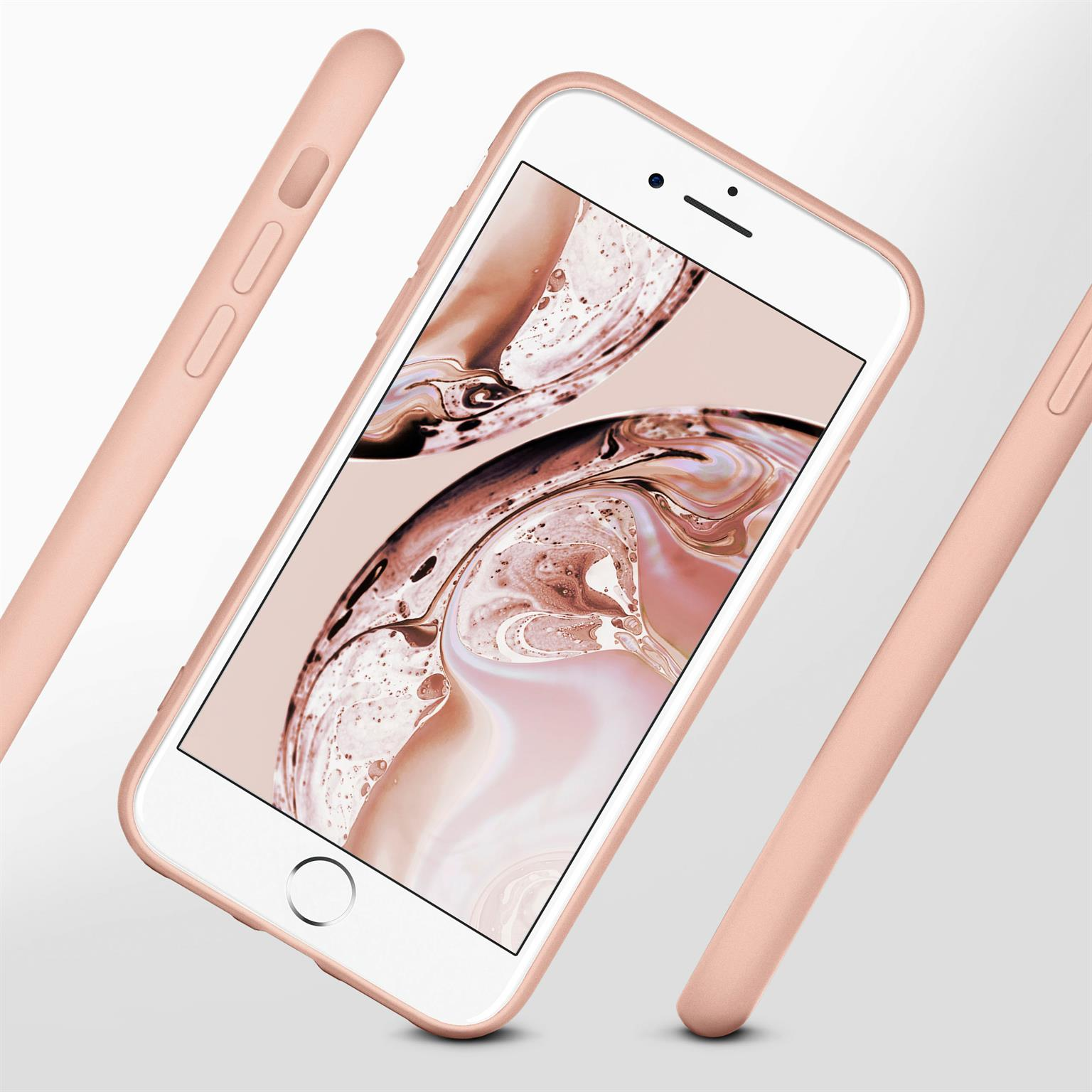 Telefon in rosa Hülle, angewinkelter Blick, weißer Hintergrund.