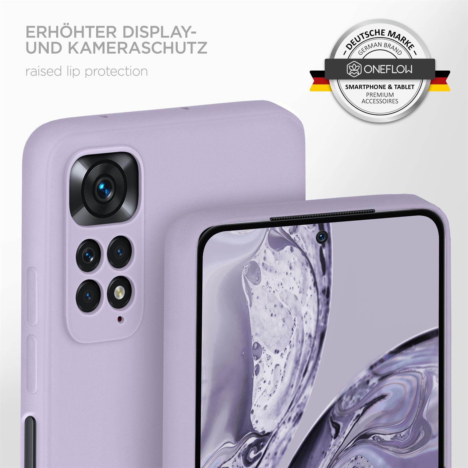 Nahaufnahme von zwei Handyhüllen. Eine ist auf einem Telefon. Die Hüllen sind helllila, mit Oneflow-Logo.